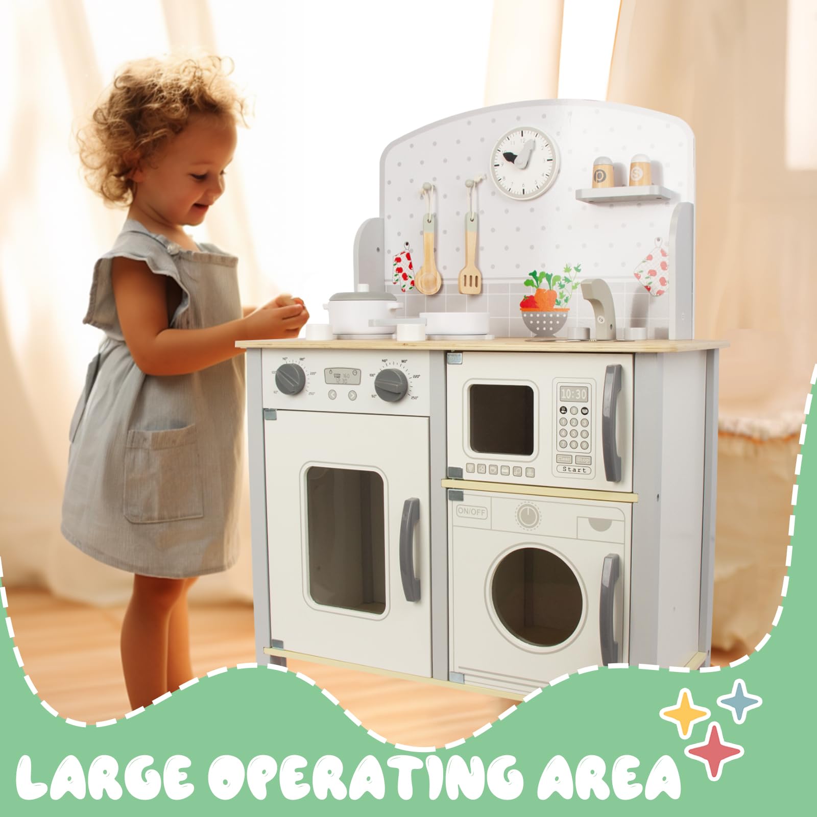 WOODENFUN Cucina giochi per bambini 3-8, in legno per bambini che giocano cucina Playset Chef Pretend Play Set per bambini piccoli, giocattoli da cucina regali per ragazzi ragazze (bianco)