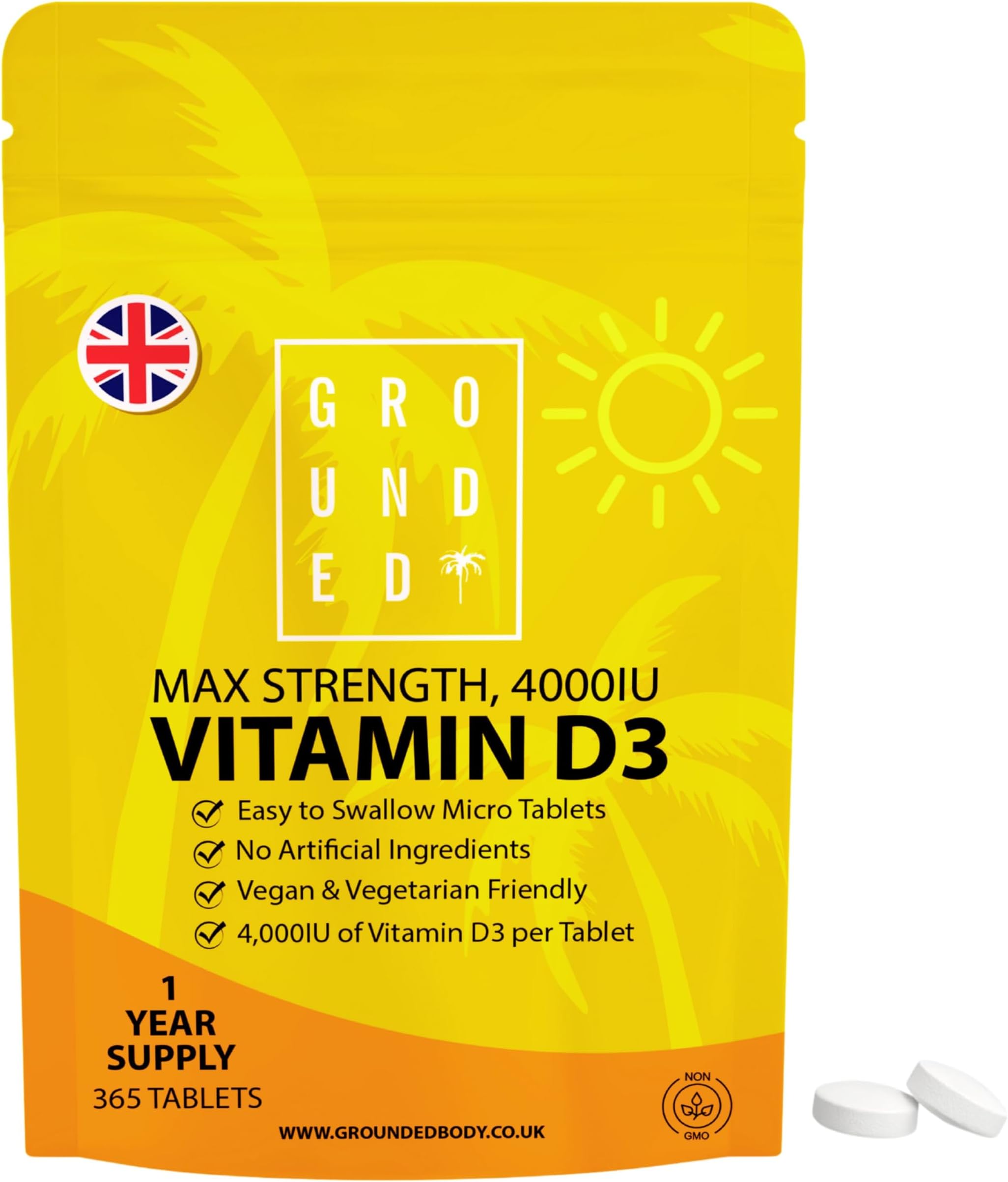 Vitamin D3 4000 IU Micro Tablets - 365 Day Supply, Easy to Swallow High Strength Premium Sunshine Vitamin | Max Strength Vitamin D Supplement, Vegetarian & Vegan Friendly, Made in UK by Grounded