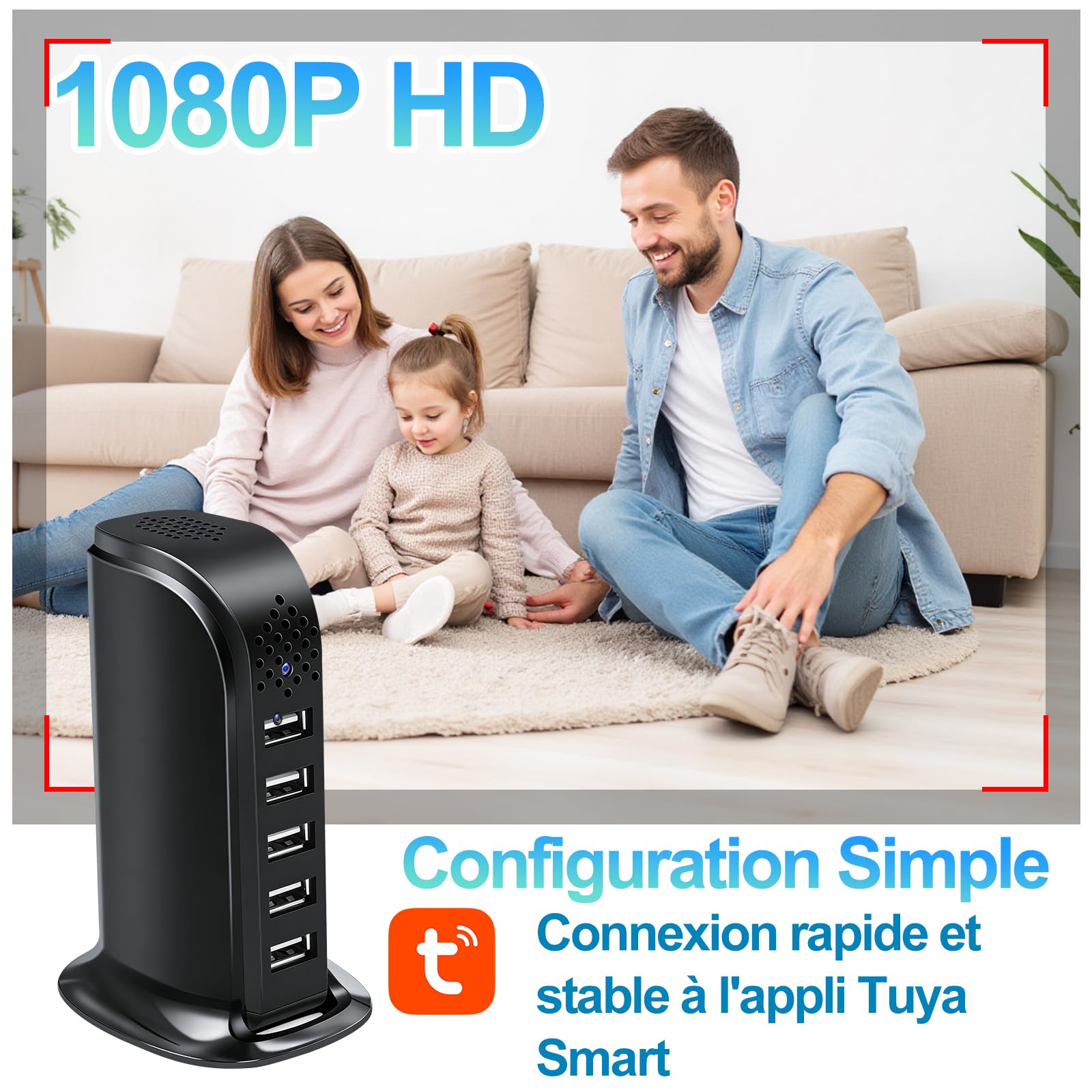 TANGMI Camera Espion, Hub de Charge 5-en-1 Mini Camera Espion sans Fil, WiFi 2.4G & 5Ghz 1080P HD avec Détection de Mouvement et Alertes Instantanées pour la Maison et Le Bureau