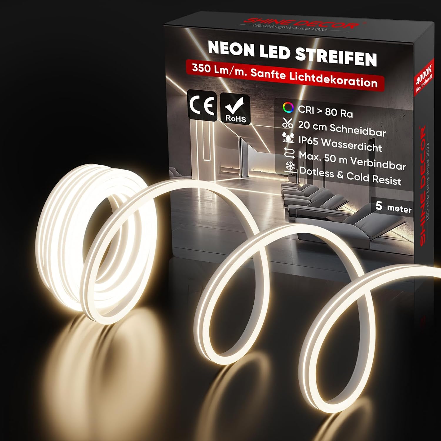 Shine Decor Neon LED Strip 5 m AC 230 V IP65 Waterproof LED Strip 120 LEDs/m Flexible LED Neon Fairy Lights for Home Decoration Kitchen Garden Lighting 5 m Neutral White CE Certified [Energy Class F]