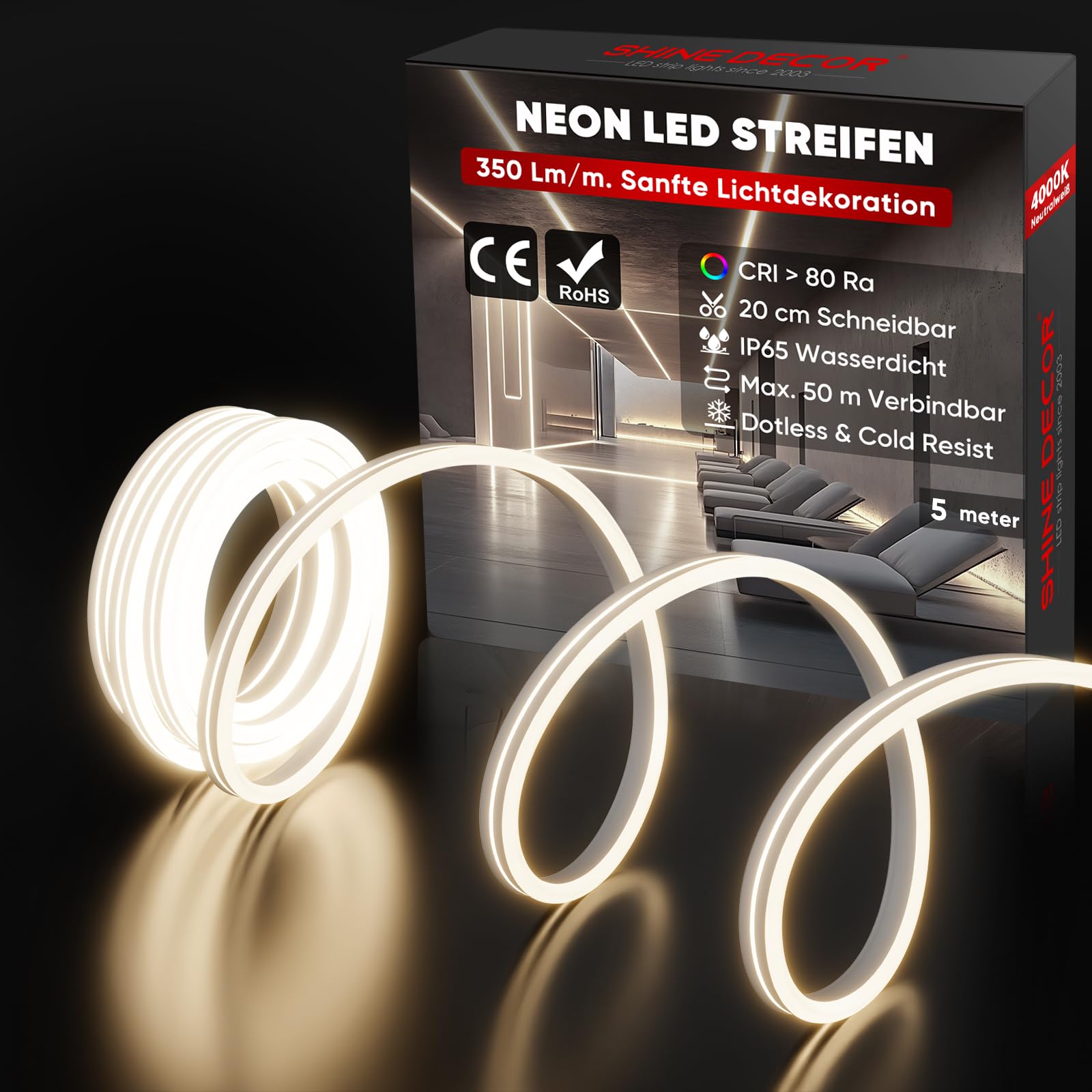 Shine Decor Striscia LED COB 5 m, AC 230 V, IP65, impermeabile, 120 LED/m, flessibile, per decorazione della casa, cucina, giardino, illuminazione (5 m, bianco neutro)