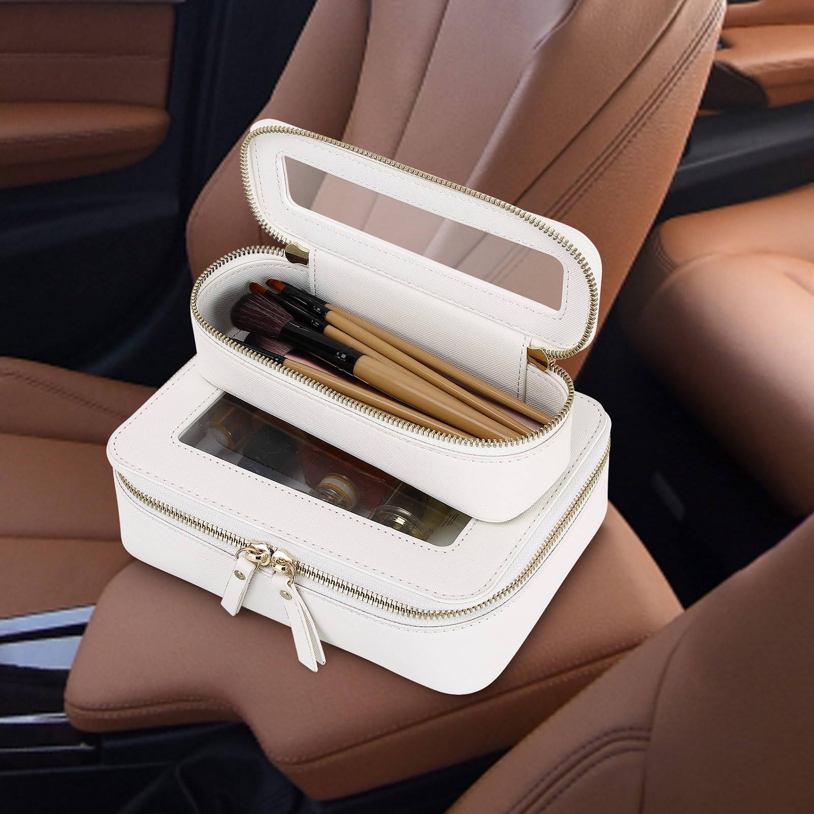 Pinkmik Petit Sac à Maquillage Transparent Mini Trousse de Cosmétiques Étanche avec Fermeture Éclair - Trousse de Toilette pour Femme - Organisateur de Sac à Main & Essentiels de Voiture, blanc, M+