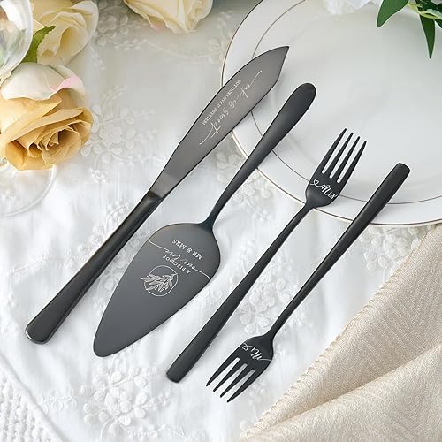 Miniatura 3 de AW BRIDAL I Do and ME Too - Juego de cortar pastel de boda con tenedores, cuchillo negro grabado para tartas y juego de servir, regalo de compromiso