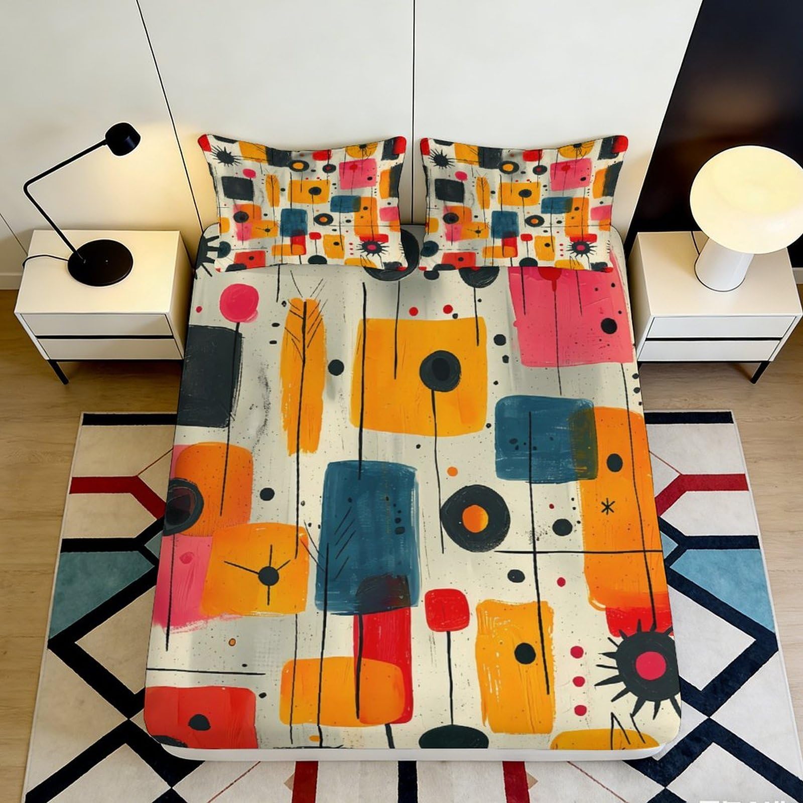 3D Printed Abstract Geometric Fitted Sheet Microfiber Colourful Modern Art Mattress Cover for Bedroom Guest Room Dorm Decor 90x200x25cm