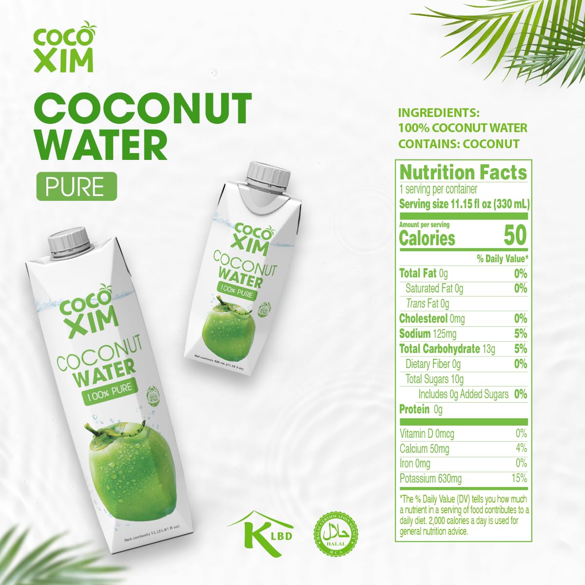 COCOXIM | Eau de noix de coco, pure, fraîche et naturelle – Rafraîchissante et hydratante – Riche en vitamines et minéraux naturels (lot de 12)