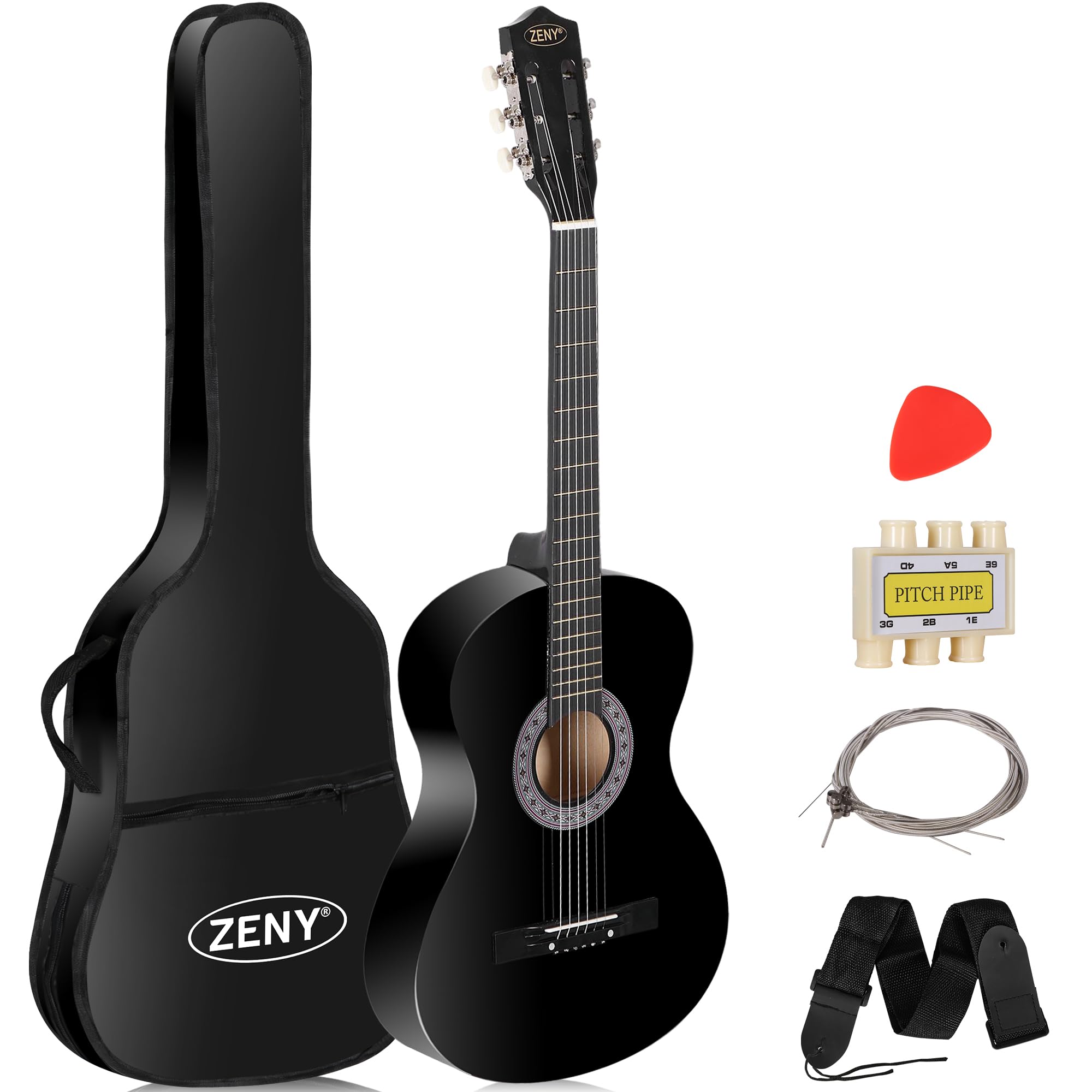 ZENY Beginners 38 inch Acoustic Guitar Package Kit for Right-handed Starters Music Lovers w/ Case, Strap, Pitch Pipe and Pick (Black)