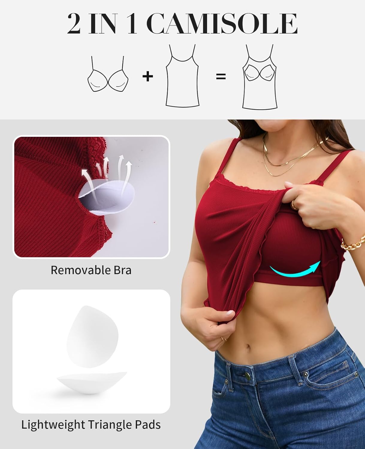 V FOR CITY Women Built-in Bra Camisoles Lace Adjustable Strap Tank Tops Ribbed Cami Undershirts - Image 2