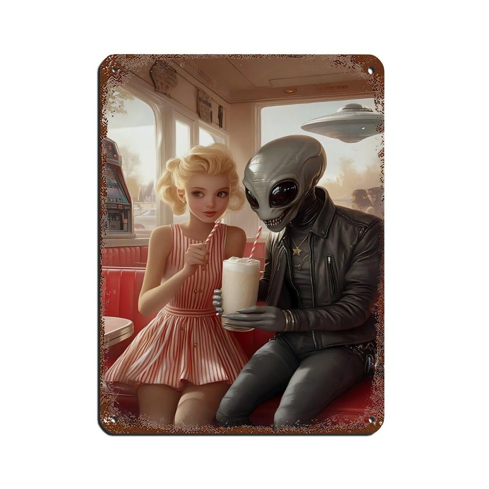 Retro Sci Fi Alien Diner, 1950s Vintage Tin Sign Vintage Metal Pub Club Cafe Bar Home Wall Art Decoration Poster Retro 12x16inch(30x40cm)