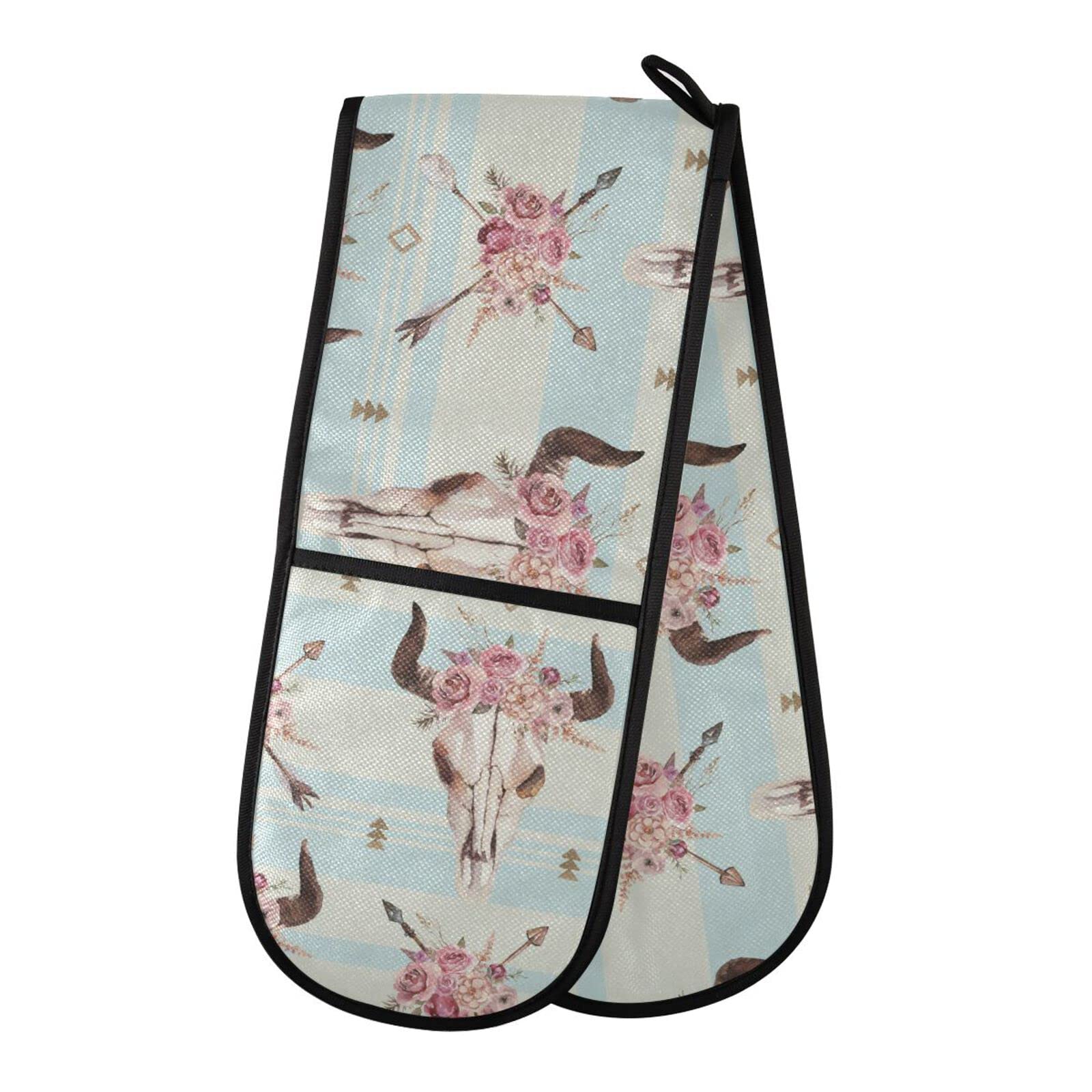 Double Oven Glove Boho Bull Skull Print Heat Resistant Double Ovens Mitt Modern Cooking Gloves Potholders