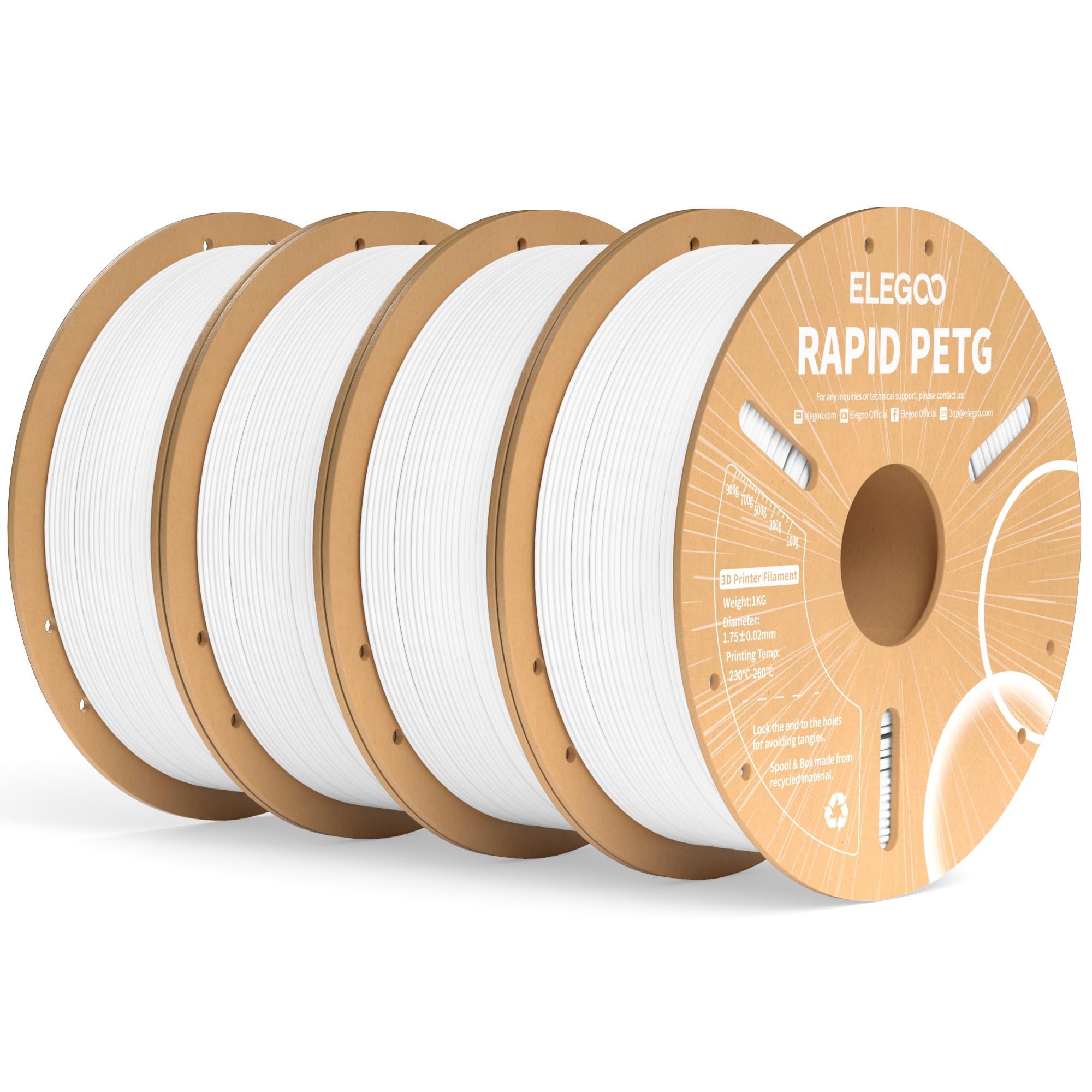 ELEGOO Rapid PETG Filament 1.75mm White 4KG, High Speed 30-600mm/s 3D Printer Filament Dimensional Accuracy +/- 0.02 mm, 1kg Cardboard Spool(2.2lbs) Fits for Most FDM 3D Printers