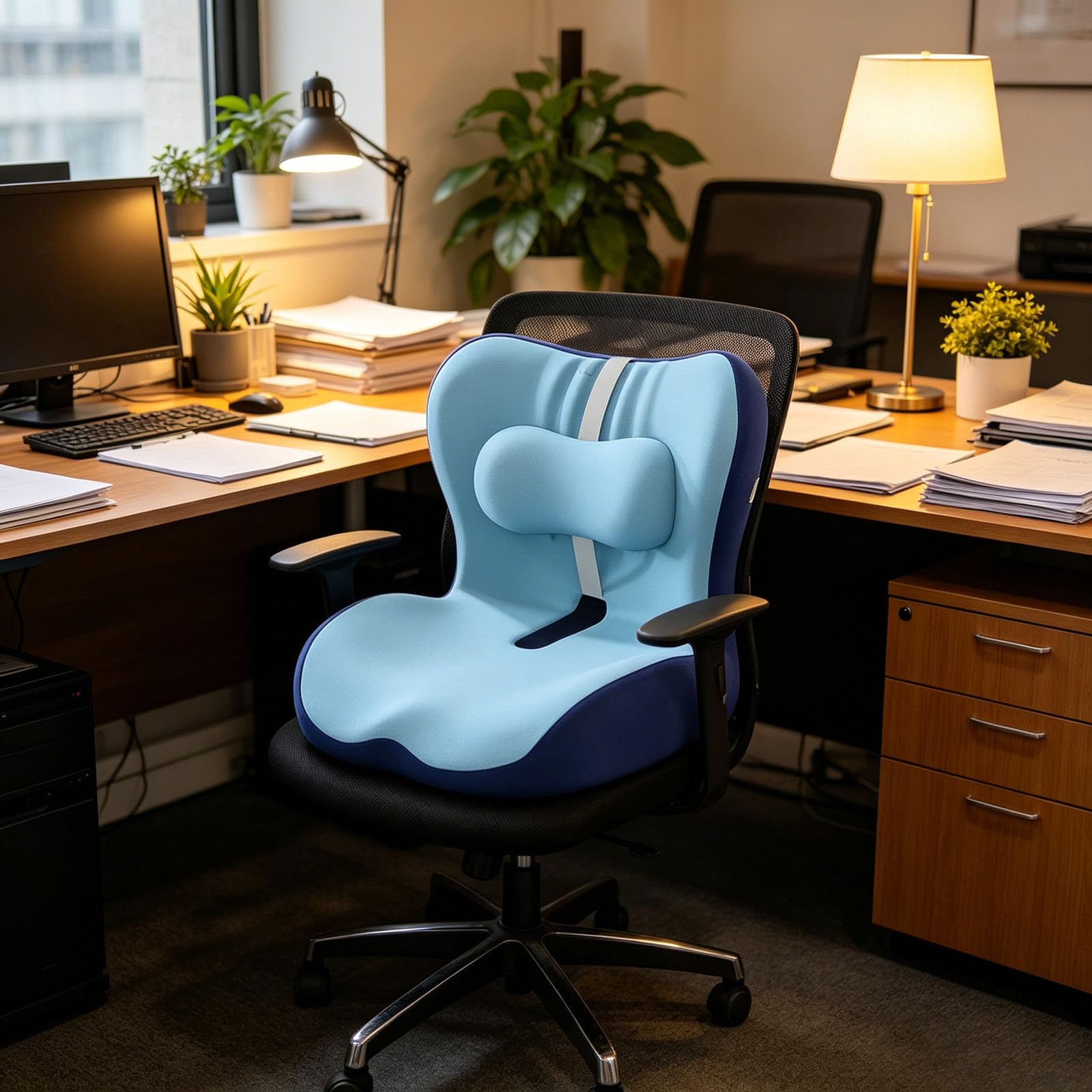 Generisch Cojín de espuma viscoelástica en forma de L integrado con soporte lumbar, cojín ortopédico para silla de oficina, respaldo ergonómico y cojín para el hogar, coche, silla de ruedas y sillas