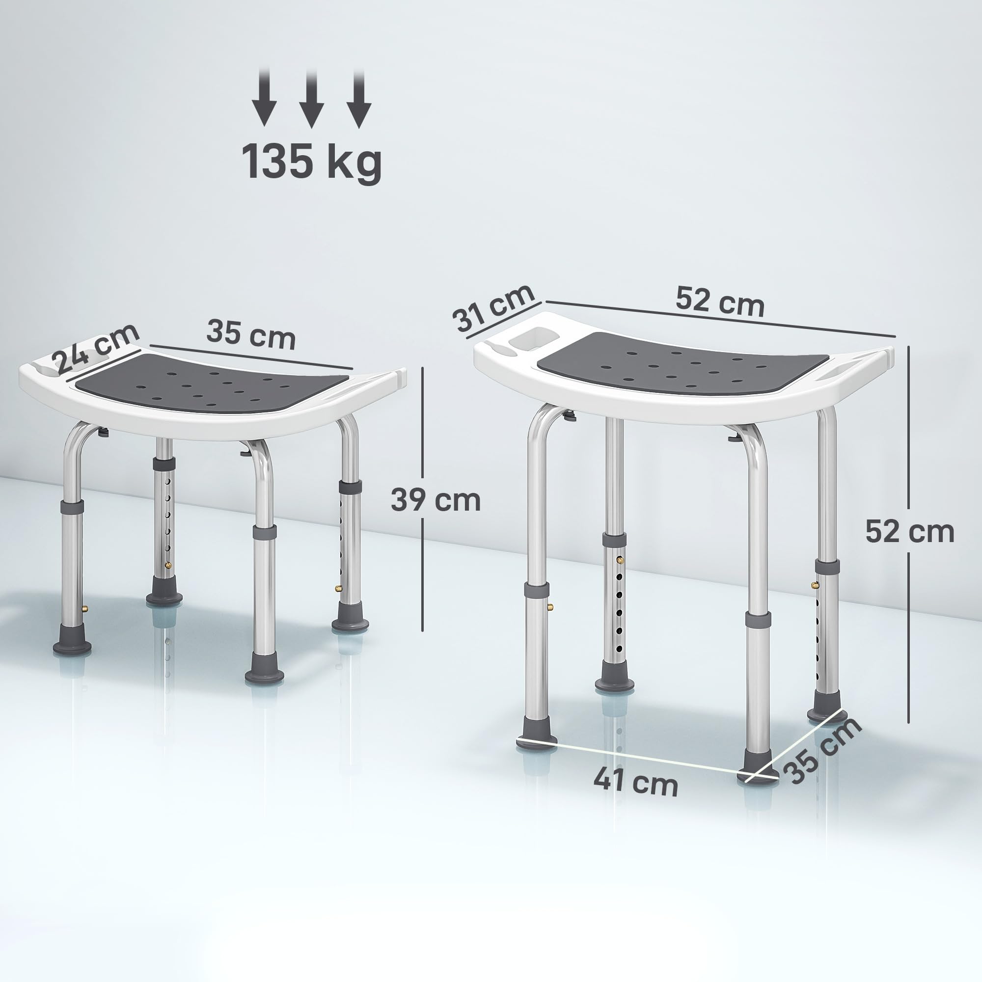 HOMCOM Sgabello per Doccia da Bagno in Lega di Alluminio e Plastica Antiscivolo, Sgabello Bagno con Altezza Regolabile 6 Livelli 39-52cm, Grigio