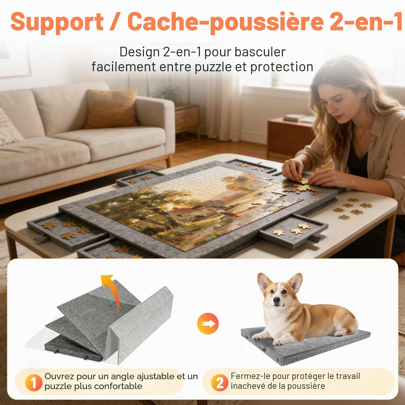 Tableau de Puzzle Inclinable, Plateau Puzzle pour 1000 Pièces avec Tiroirs | Tableaux de Puzzle et Tapis de Rangement avec 6 Tiroirs, Support/Housse Anti-Poussière 2 en 1, Surface en Feutre, Portable