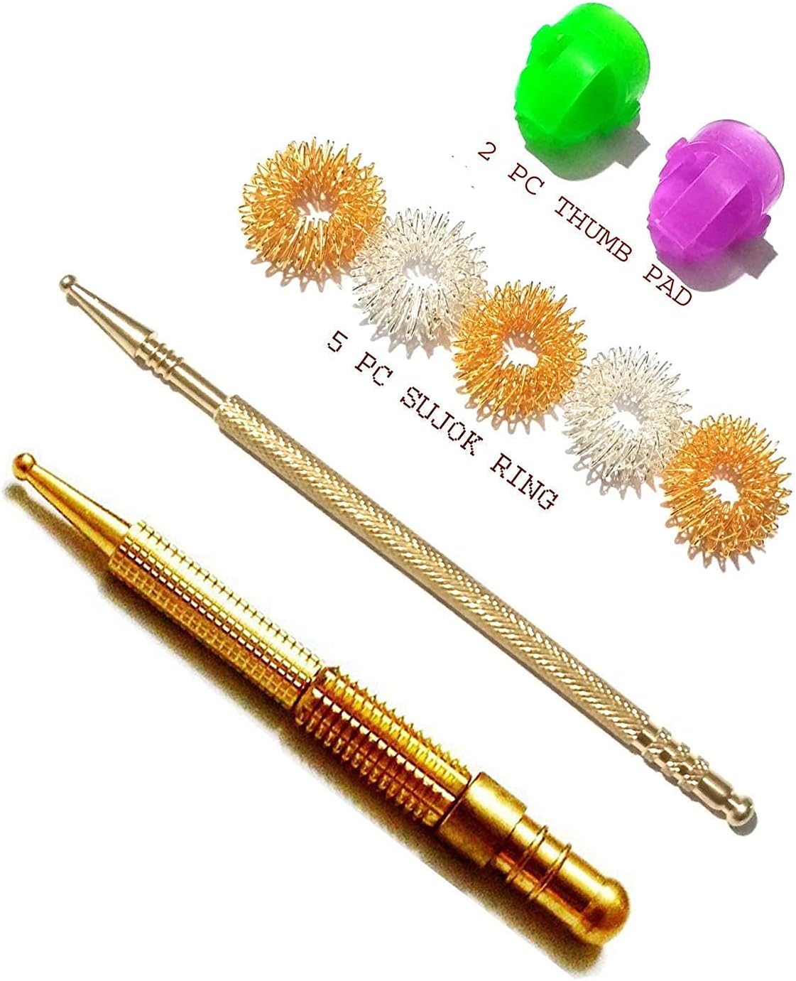 Sujok Hand Acupressure Jimmy Handheld Massager (2) + 5 Sujok Rings + 2 Thumb Pads, Multicolour