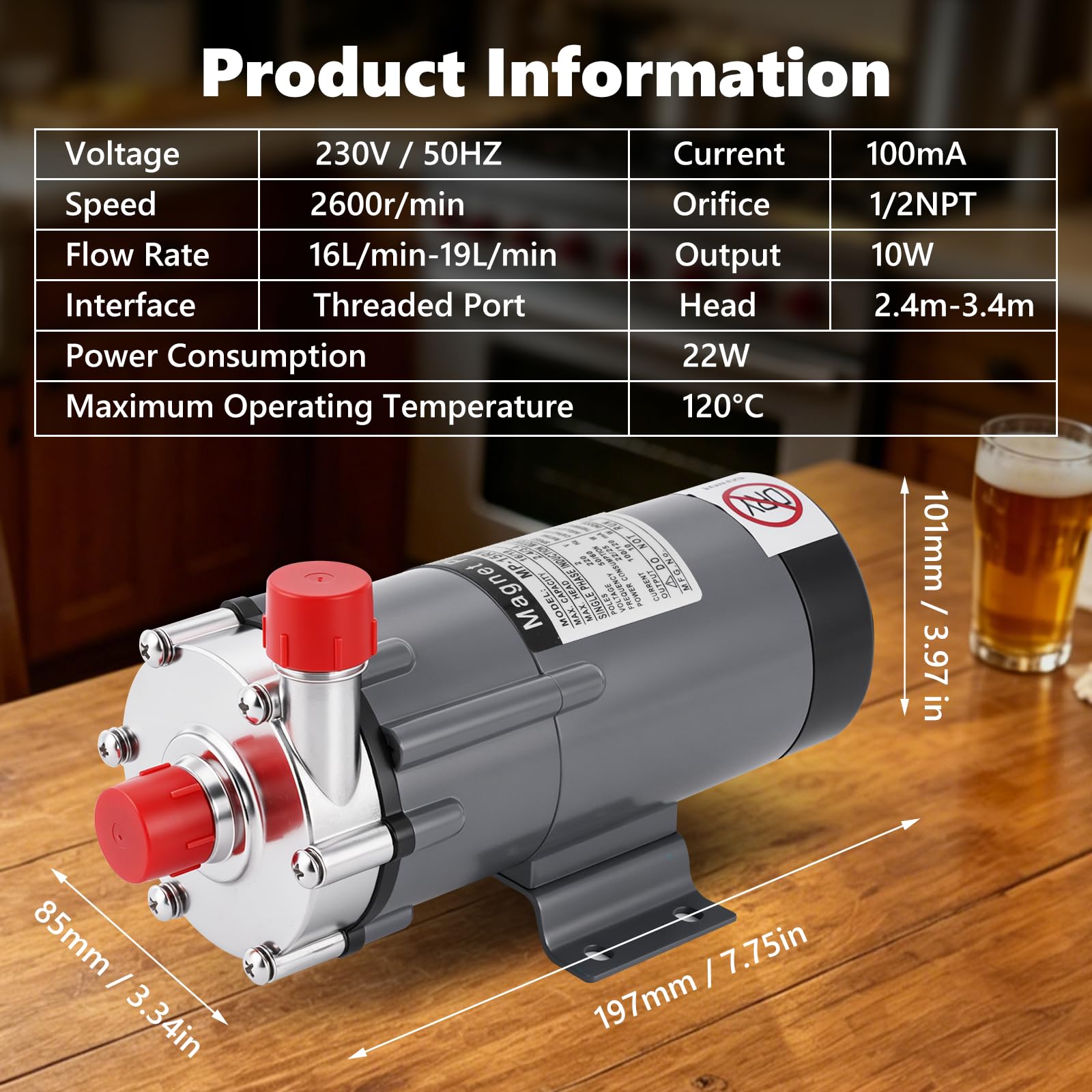 MXBAOHENG Pompa Magnetica per Birra 10 W Pompa a trasmissione magnetica Pompa per birrificazione domestica con testa in acciaio inox Resiste a temperature 120 °C per liquidi come malto, bevande, acqua