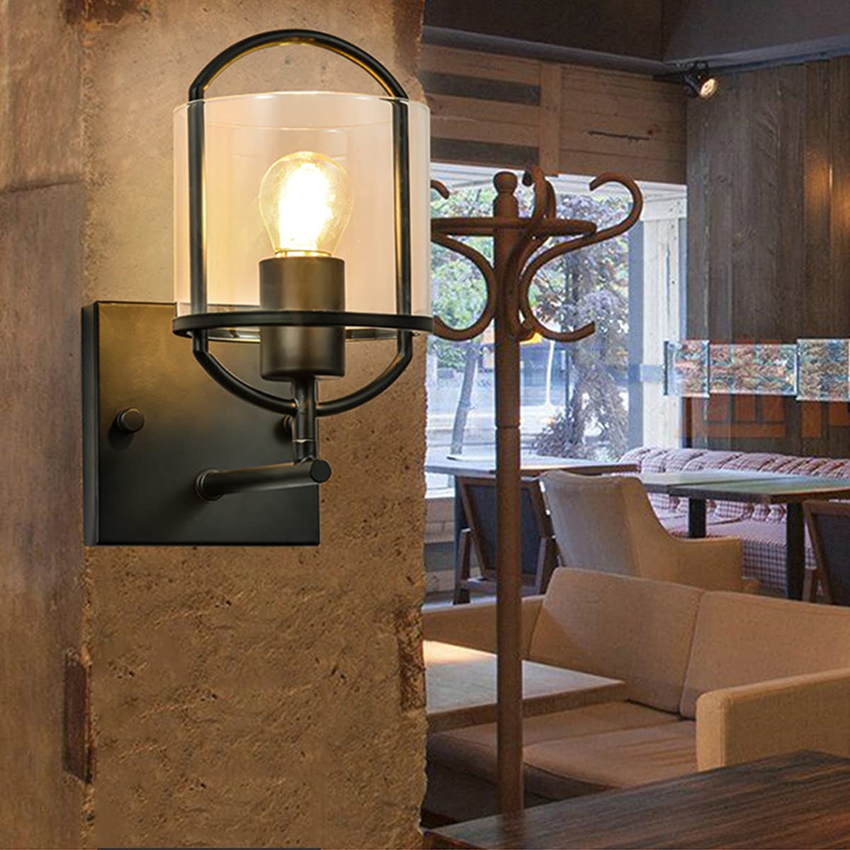 WXKAGF Lampada da Parete Industriale Nera Lampada da Parete per Interni retrò Vintage in Vetro con Base per Lampada E27, lampade da Comodino in Stile Semplice, Applique da Parete in Gabbia di Metallo