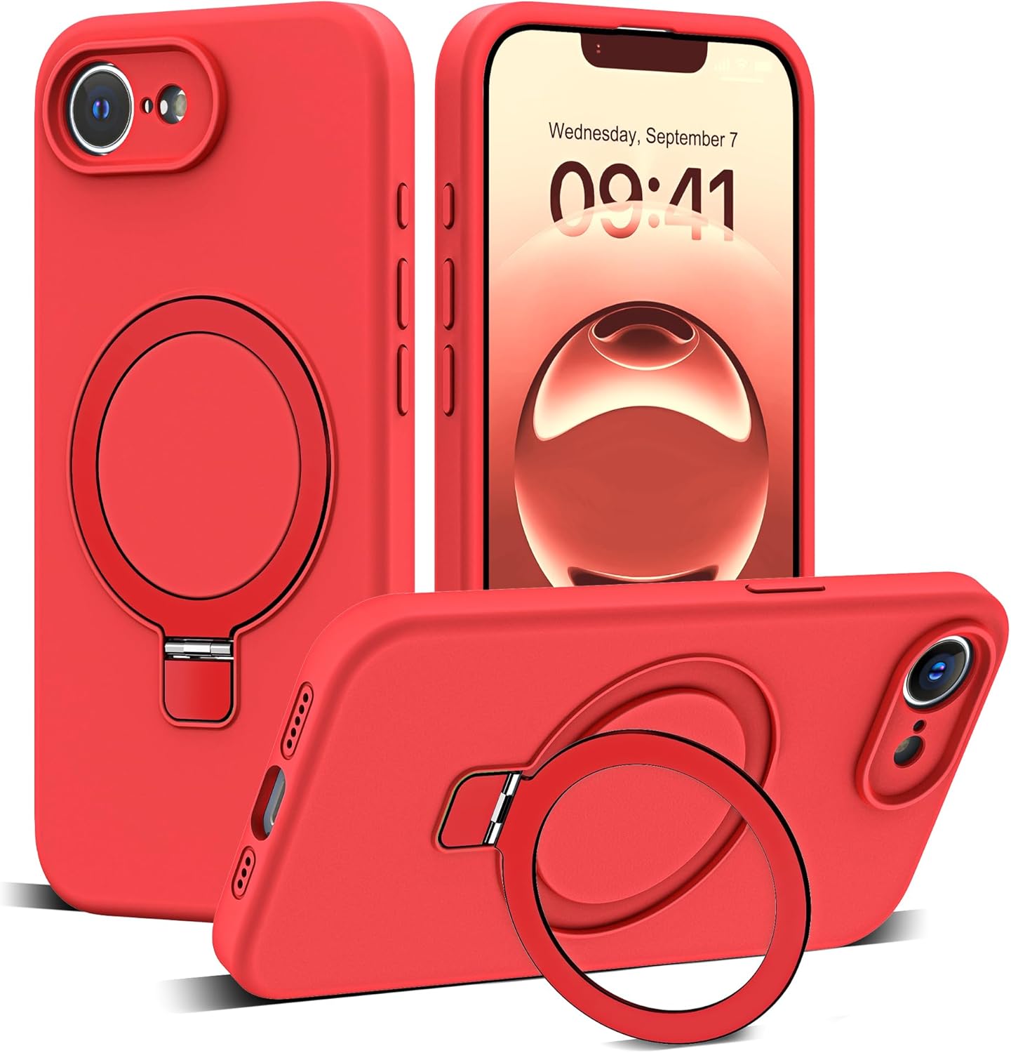 Designed for iPhone 16e Case with Magnetic Invisible Stand Compatible with Mag-Safe Military Drop Tested Shockproof Silicone Phone Cases for Women Men 6.1'', Red 251009