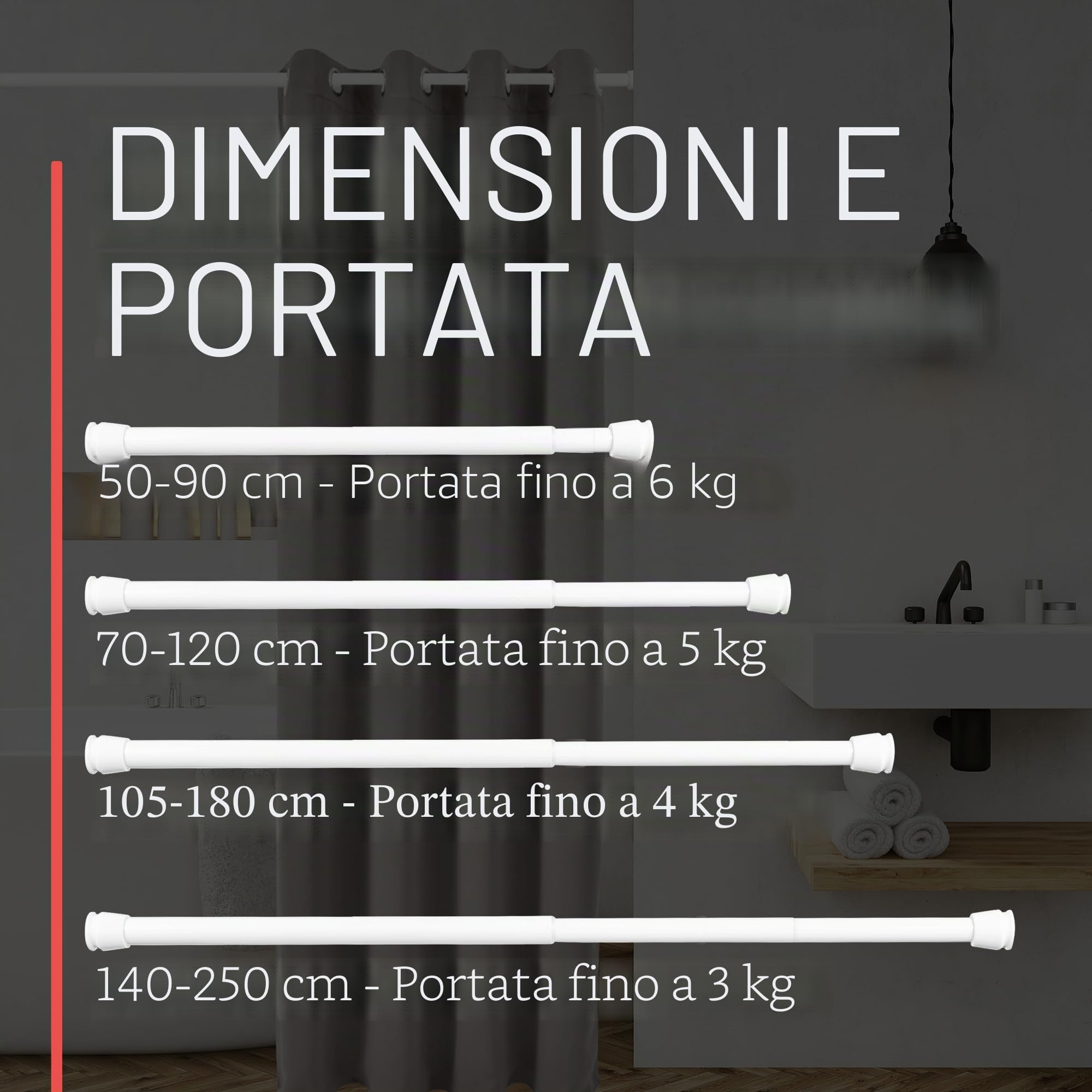 Bomoe Bastone per Tenda a Pressione Regolabile senza Forare né Viti asta | 140-260cm bianca doccia antiscivolo alluminio installazione semplice appendiabiti per armadio telescopico tende bagno Neptun