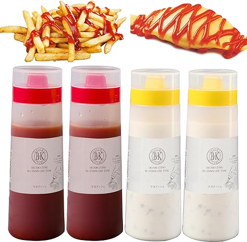 4 botellas exprimibles para salsa, 10 onzas líquidas, botella de plástico para condimentos para salsa de tomate y mayonesa, salsa barbacoa (rojo +