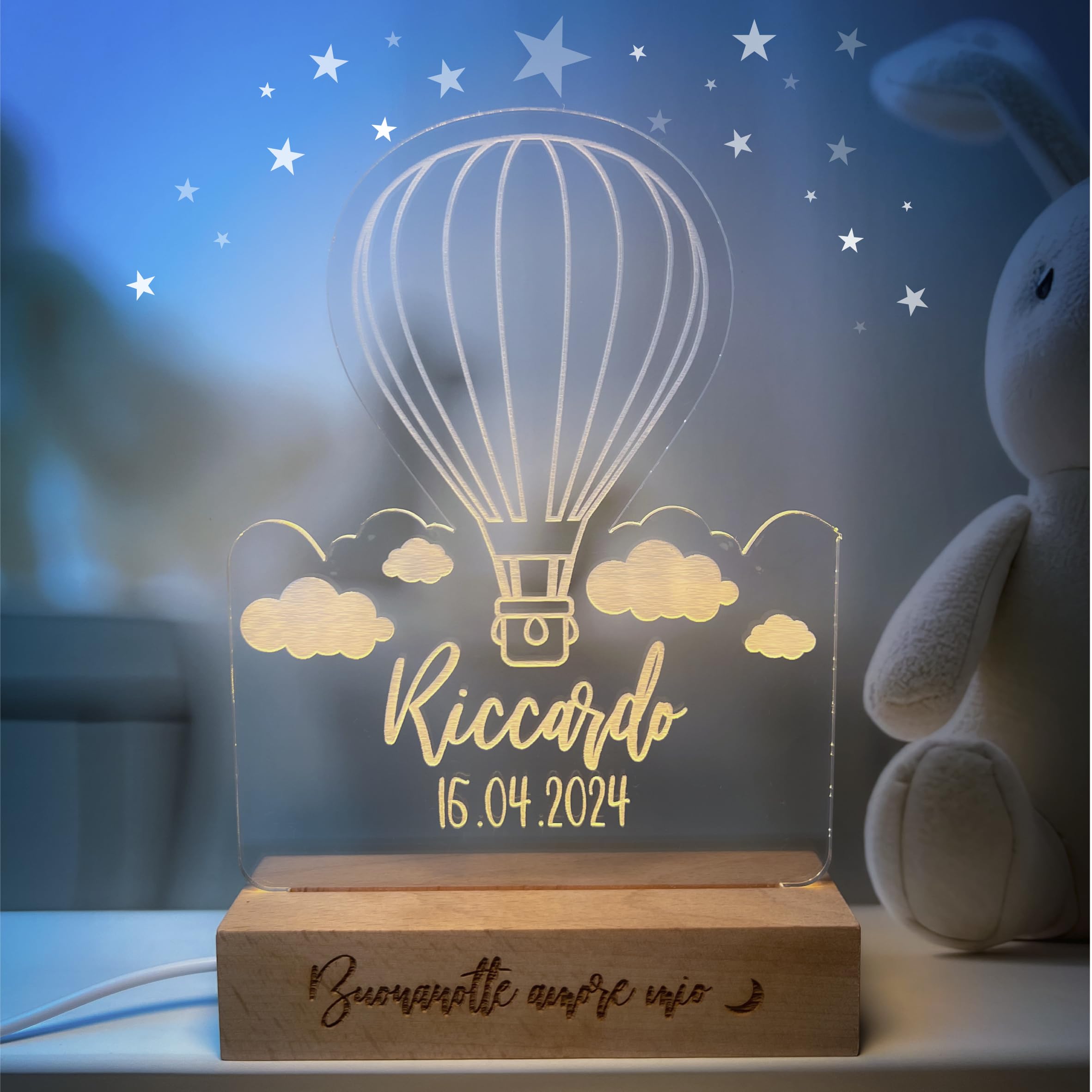 PIXEL® Lampada personalizzata con nome incisa 3d Luce notturna bambino bambina bambini neonato Idea regalo nascita bimbo bimba battesimo Regalo Natale neonati Personalizzato cameretta (Mongolfiera)