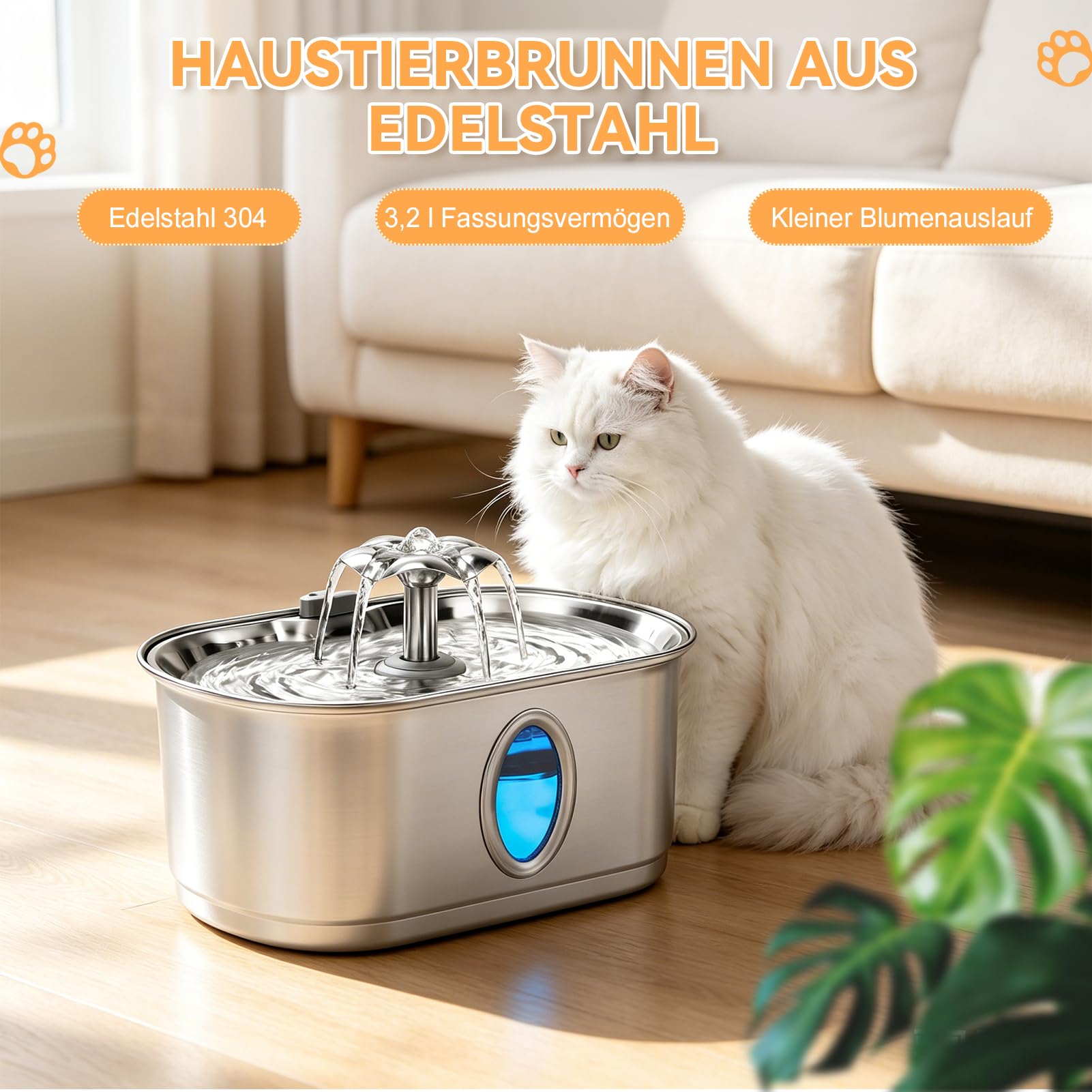 Katzentrinkbrunnen Trinkbrunnen für Katze mit 2 Filter 2 Schwamm | 3,2L, Ovales Sichtfenster, Leiser Betrieb, Edelstahl 304, mit USB-Anschluss, TY12