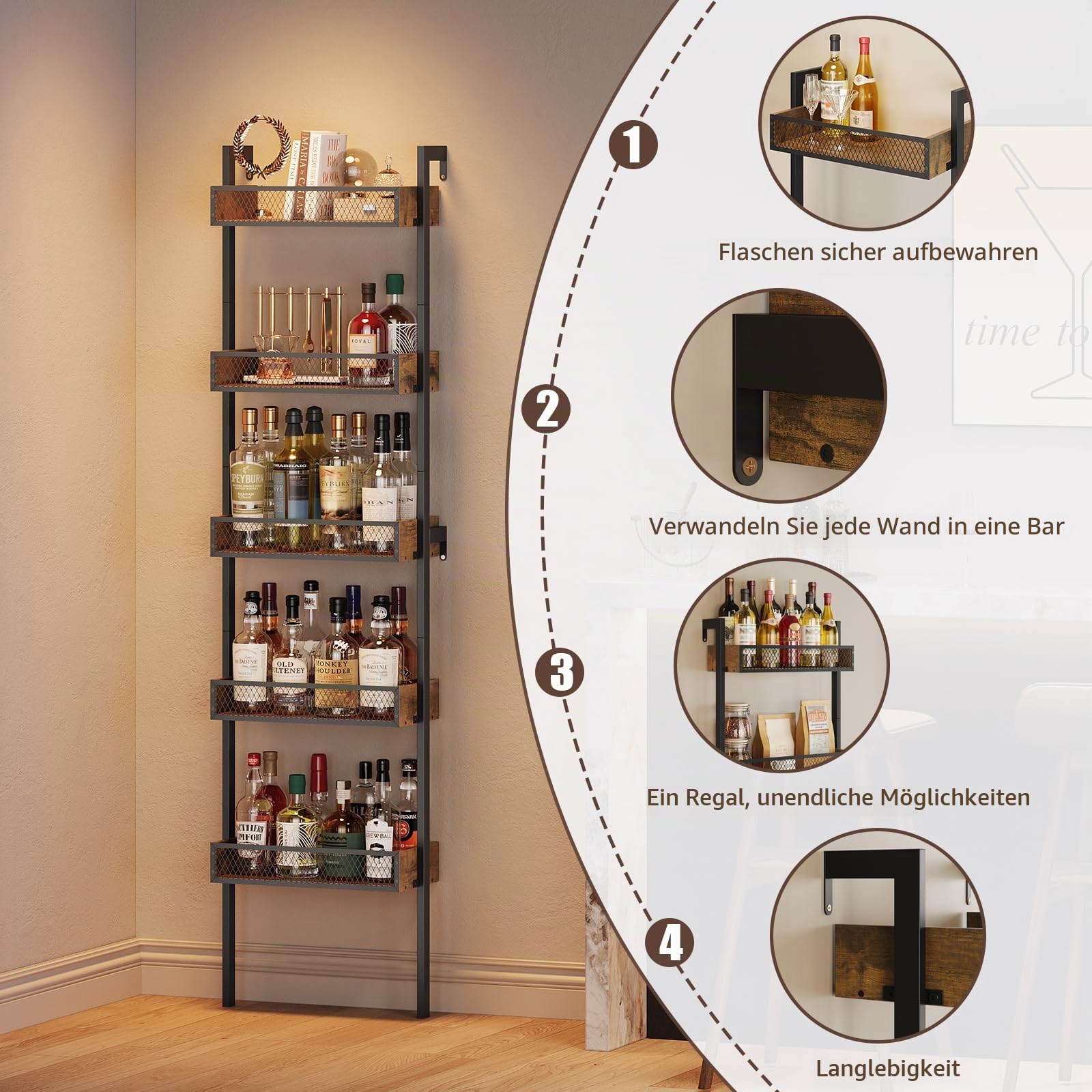 VEDECASA 5‑Stufiges Weinregal & Liquor Stand – Freistehendes Flaschenregal & Wand‑Display Regal für Wein & Spirituosen – Rustik‑Braun Holz/Metall Dekor – Bar, Küche & Wohnzimmer Weinständer