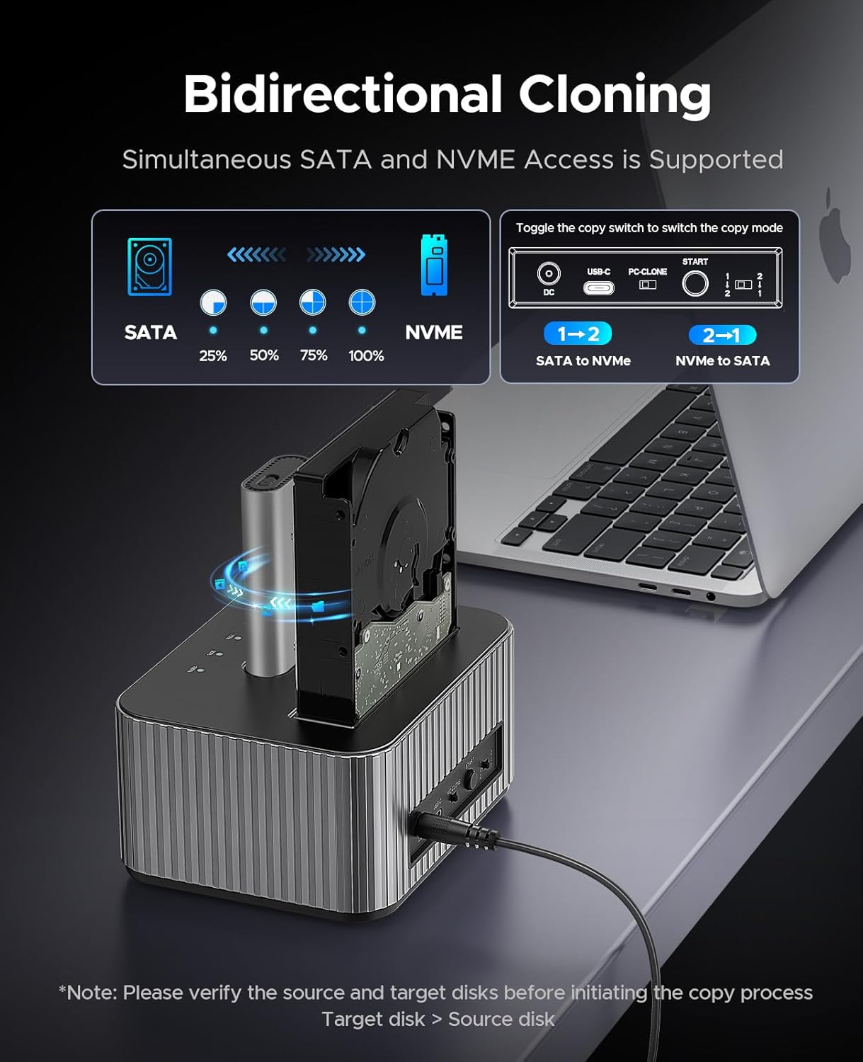 ORICO Hard Drive Docking Station 10Gbps for NVMe SSD & SATA 3.5 HDD with Bidirectional Cloning Type-C Hybrid Docking Station with Independent Aluminum Heat Sink