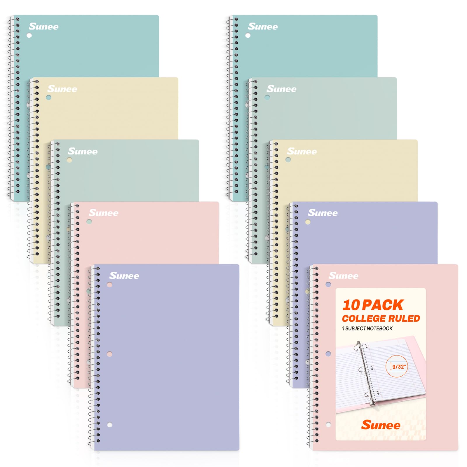 SUNEE Cuadernos en espiral, 1 materia, paquete de 10, papel rayado universitario, 8 x 10-1/2 pulgadas, 70 hojas por cuaderno, papel perforado de 3 agujeros, rosa, morado, azul, verde, amarillo,