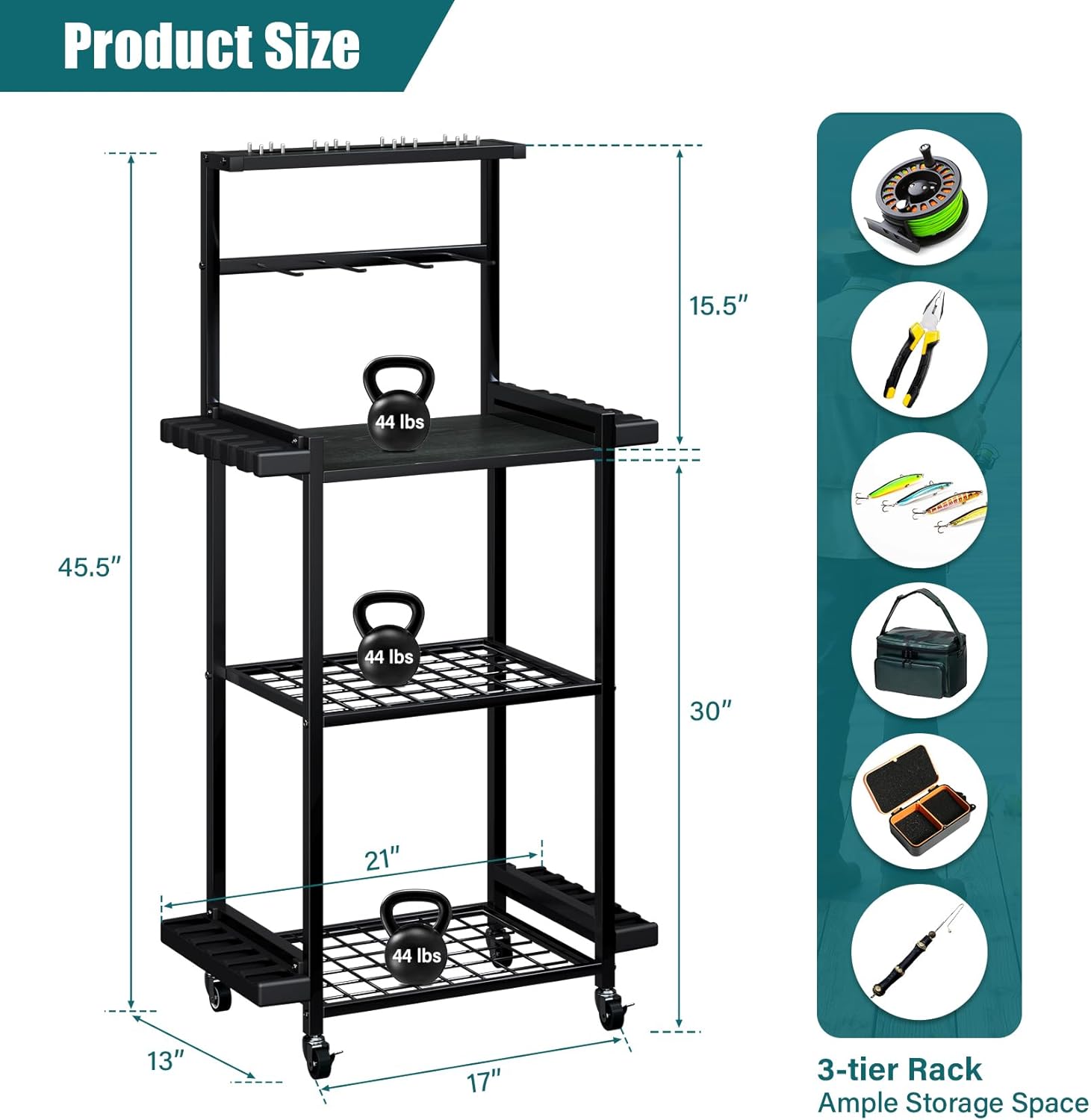 TC-HOMENY 3-Tier Fishing Rod Holder for Garage, Multifunctional Fishing Pole Rack Cart with Wheels Storage up to 12 Rods, Fishing Tackle Gear Organizer Storage rack for Room, Garage, Basement, Black
