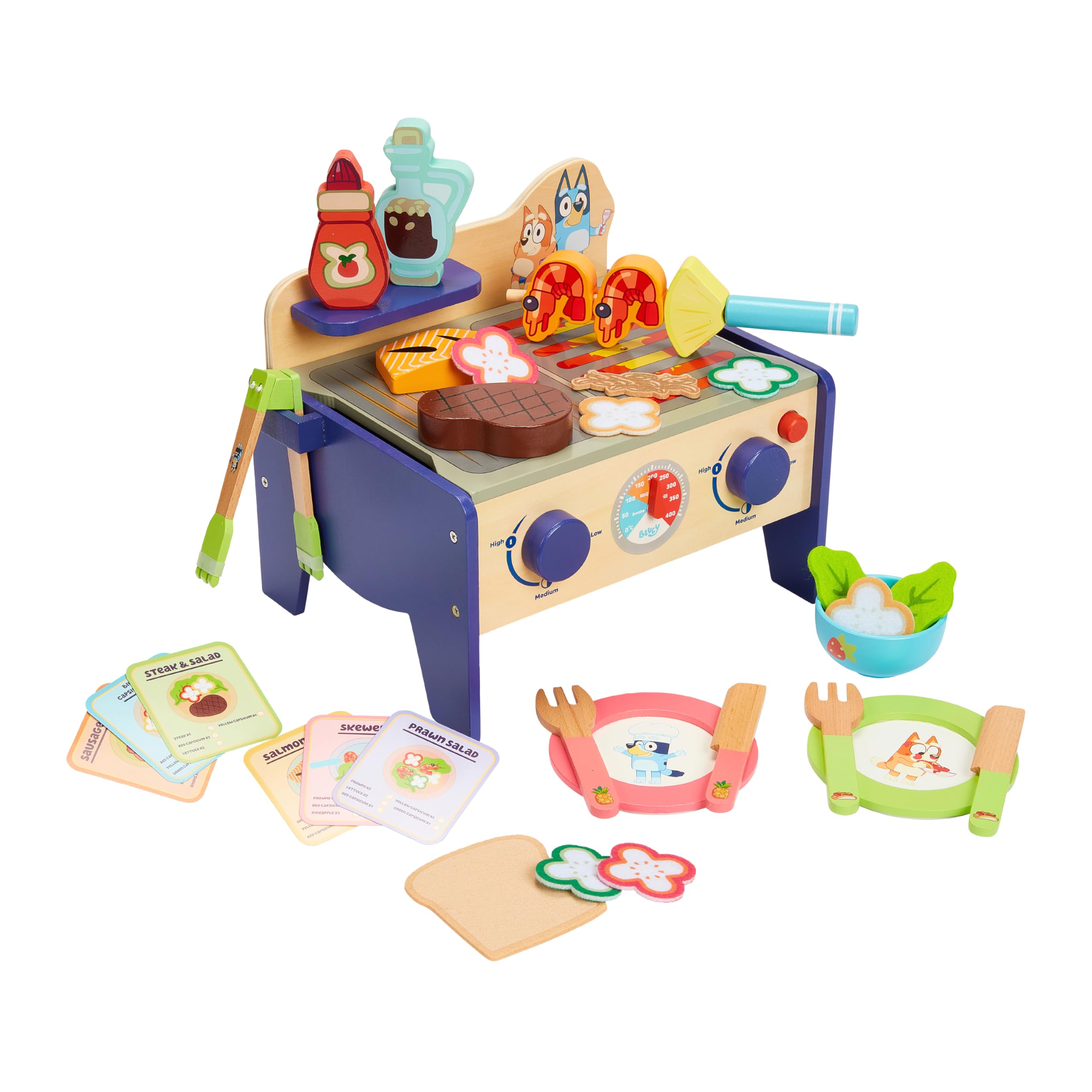 Bluey 8th Wonder Wooden Salad & BBQ Grill Toy Set, 33-Piece Play BBQ Food Set with Tongs, Food, and 6 Recipe Cards, Kitchen Toys for Kids Ages 3+