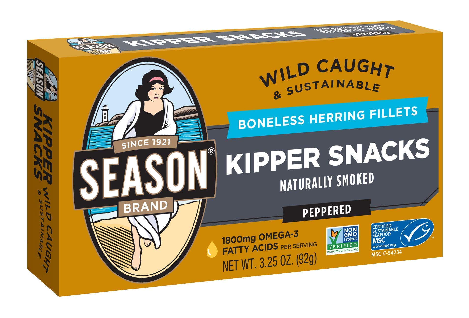 Season Peppered Kipper Snacks - Boneless Herring Fillets, Naturally Smoked Fish, Wild Caught, Keto Snacks, Certified Sustainable Seafood, Non-GMO, 18g of Protein, 1800mg of Omega-3-3.25 Oz, 12-Pack