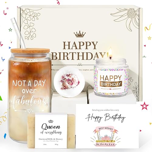 Birthday Gifts for Women, Happy Birthday Gift Baskets for Women, Women Unique Bday Gifts Ideas for Best Friend, Her, Sister, Daughter, Coworkers, Families - Not a Day over Fabulous Glass Gifts Box