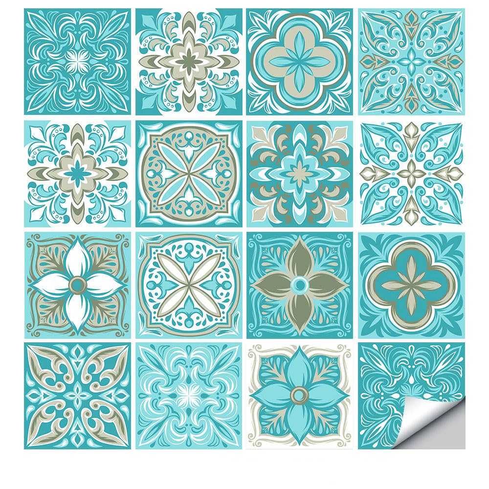 LMYSXAOZ 16 PCS Tile Stickers Stick on Tiles, Self Adhesive Wall Tiles for Bathroom Kitchen, Oil Proof DIY Peel and Floor Flower Brick (30x30cm,Mint Green)