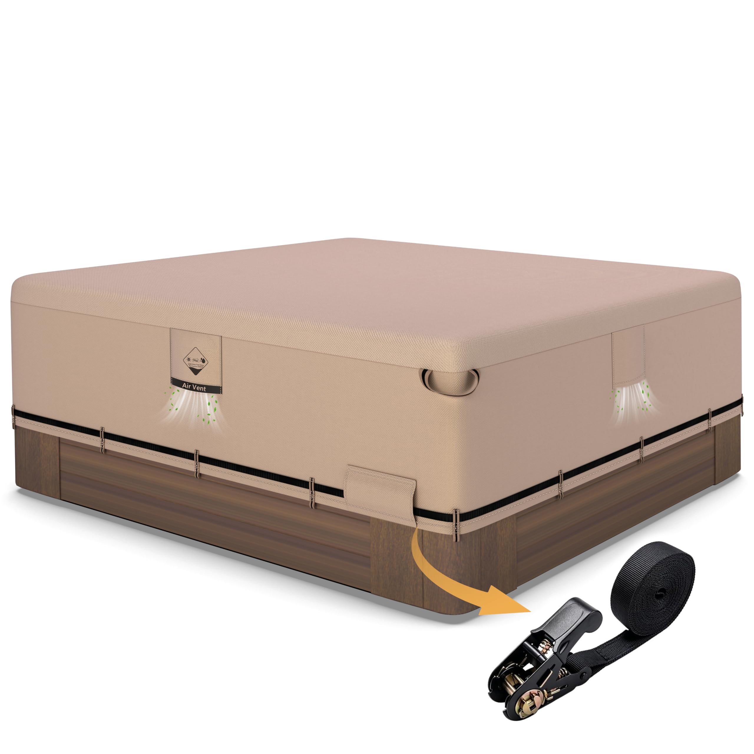 Photo 1 of Qh.home IP65 Waterproof Hot Tub Cover, Wind & UV Resistant 1000D Polyester 85x85 Spa Cover for Hot Tub, with Ratchet Strap System, Fits 84x84,83x83,82x82,81x81,7 ft x 7 ft Square SPA,Wheat