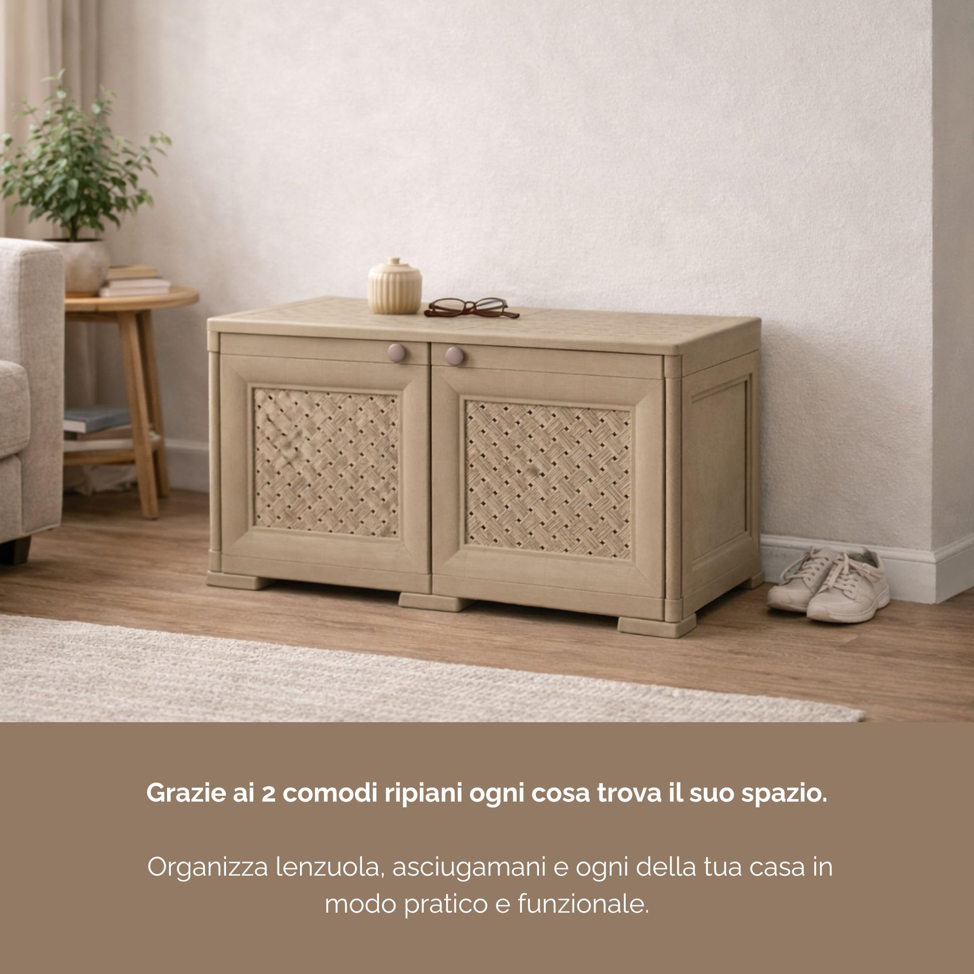 Armadio Contenitore in Plastica con Ante Traforate – Mobile Decorativo per Organizzazione Casa e Zona Living (Taupe, 79 x 43 x 46 cm)
