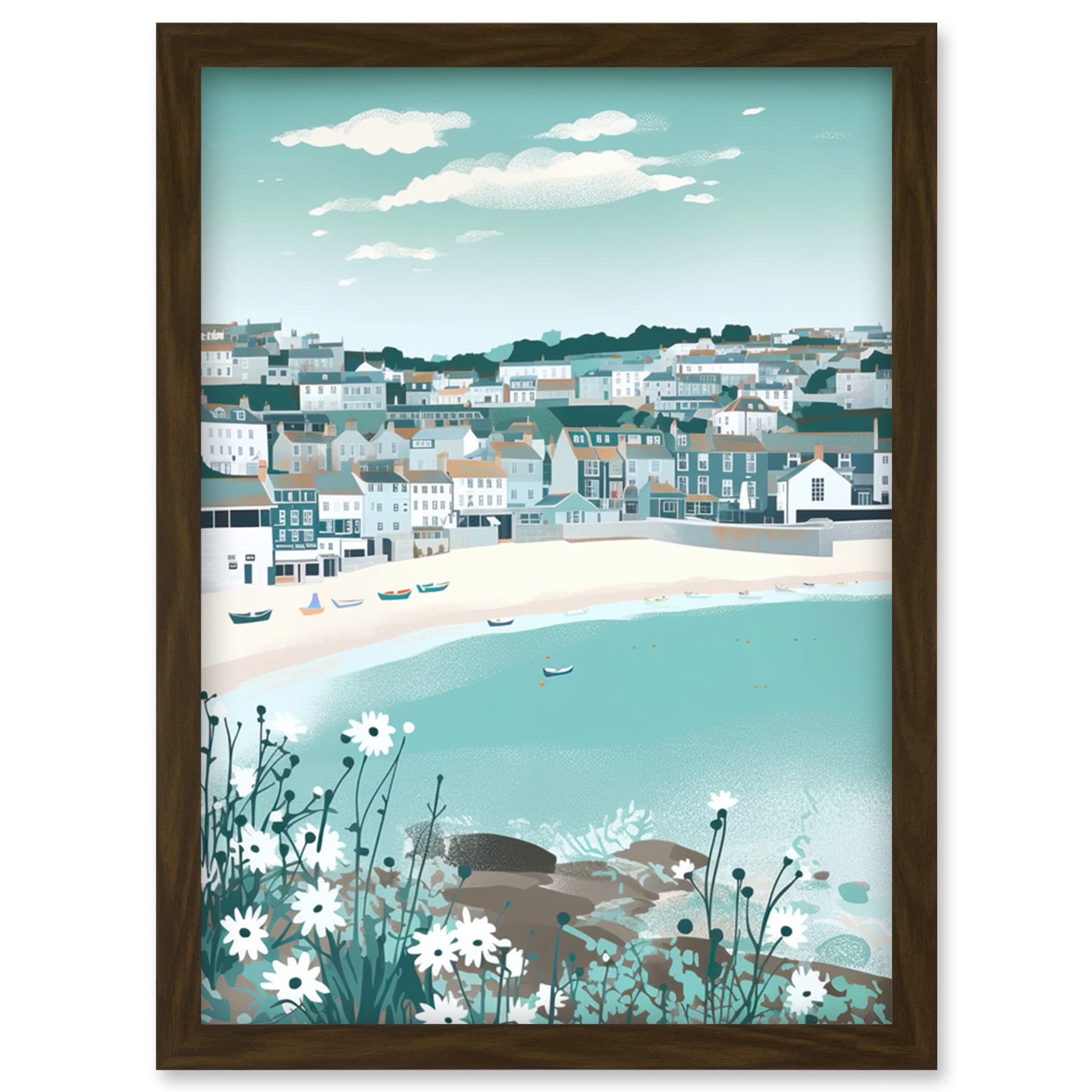 Artery8 St Ives Bay Daisies Soft Pastel Coastal Cityscape Artwork Framed Wall Art Print A4