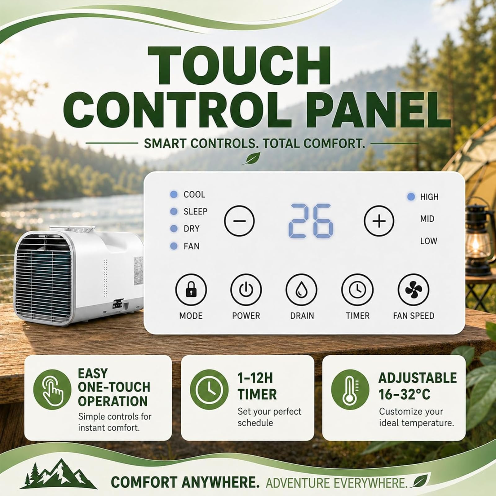 Condizionatore senza unità esterna – Compatto per camera e garage 1500W | Capacità 1300/1500W, 16–32°C, timer 1–12h, evaporazione auto, compatto 500×275×305mm, per piccoli spazi