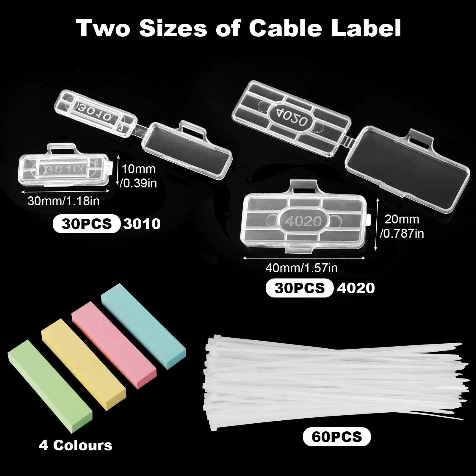 Nadinsta 60 Pieces Transparent Cable Labels, Two Specifications-3010-4020 Cable Tags with Reusable Zip Ties - Image 2
