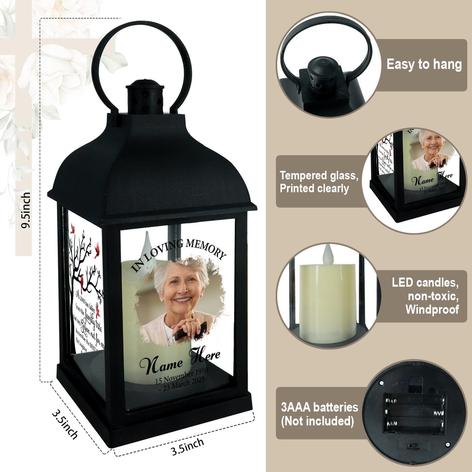 Personalized Photo Memorial Lanterns for Loss of Mother Father, Cardinal Lanterns Sympathy Remembrance Gifts for Loss of Loved with LED Candle, Garden Decoration Condolence Lantern Indoor/Outdoor