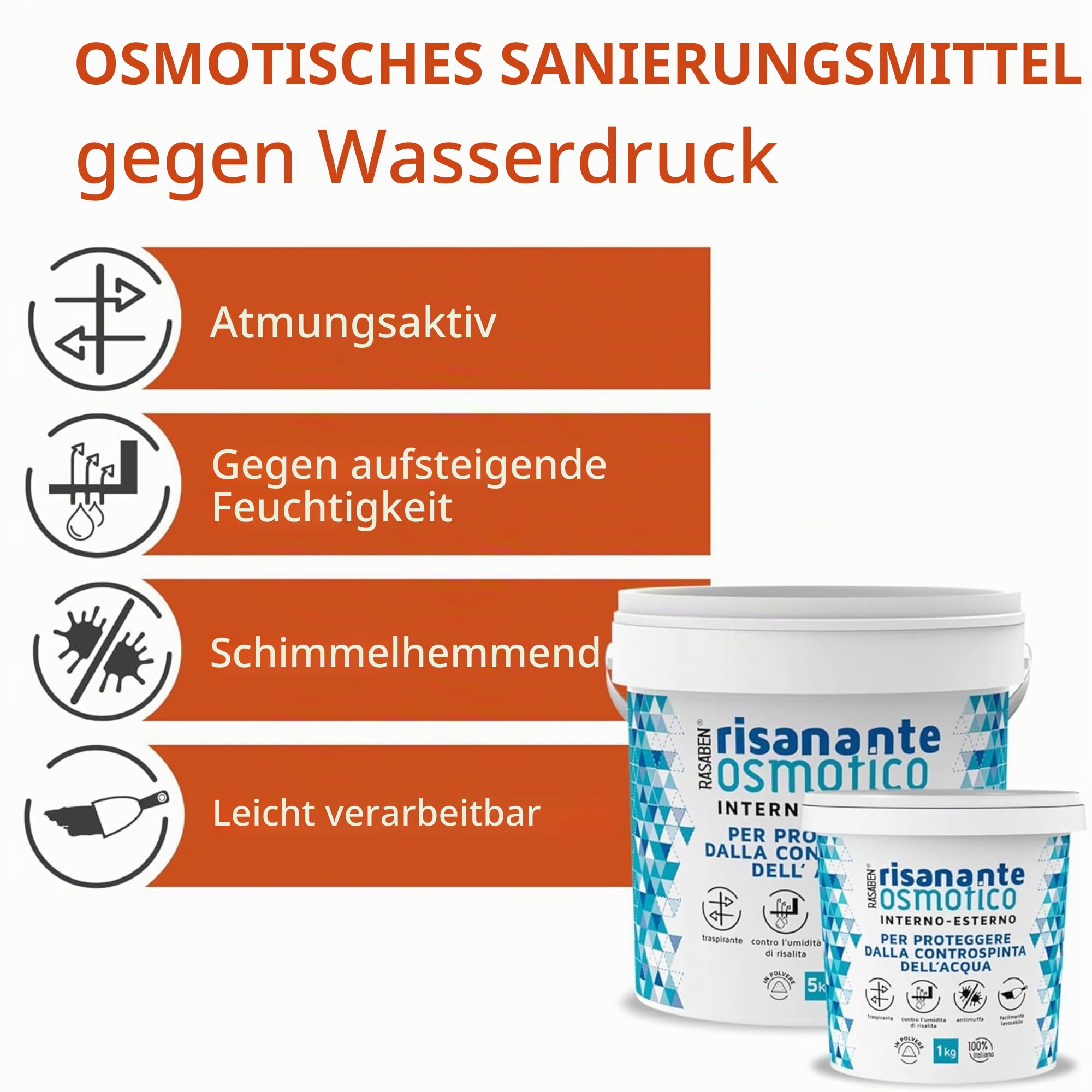 Osmotischer Sanierputz 5 kg – Dichtschlämme gegen Feuchtigkeit, Spachtelmasse zur Abdichtung von Wänden und Böden, schimmelhemmend, atmungsaktiv, für Innen- und Außenbereich, Made in Italy