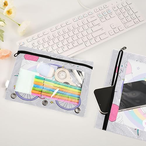 Miniatura 3 de Estuche para lápices de globos de unicornio con forma de corazón para 3 anillas, bolsa transparente para lápices con cremallera, divertido estuche