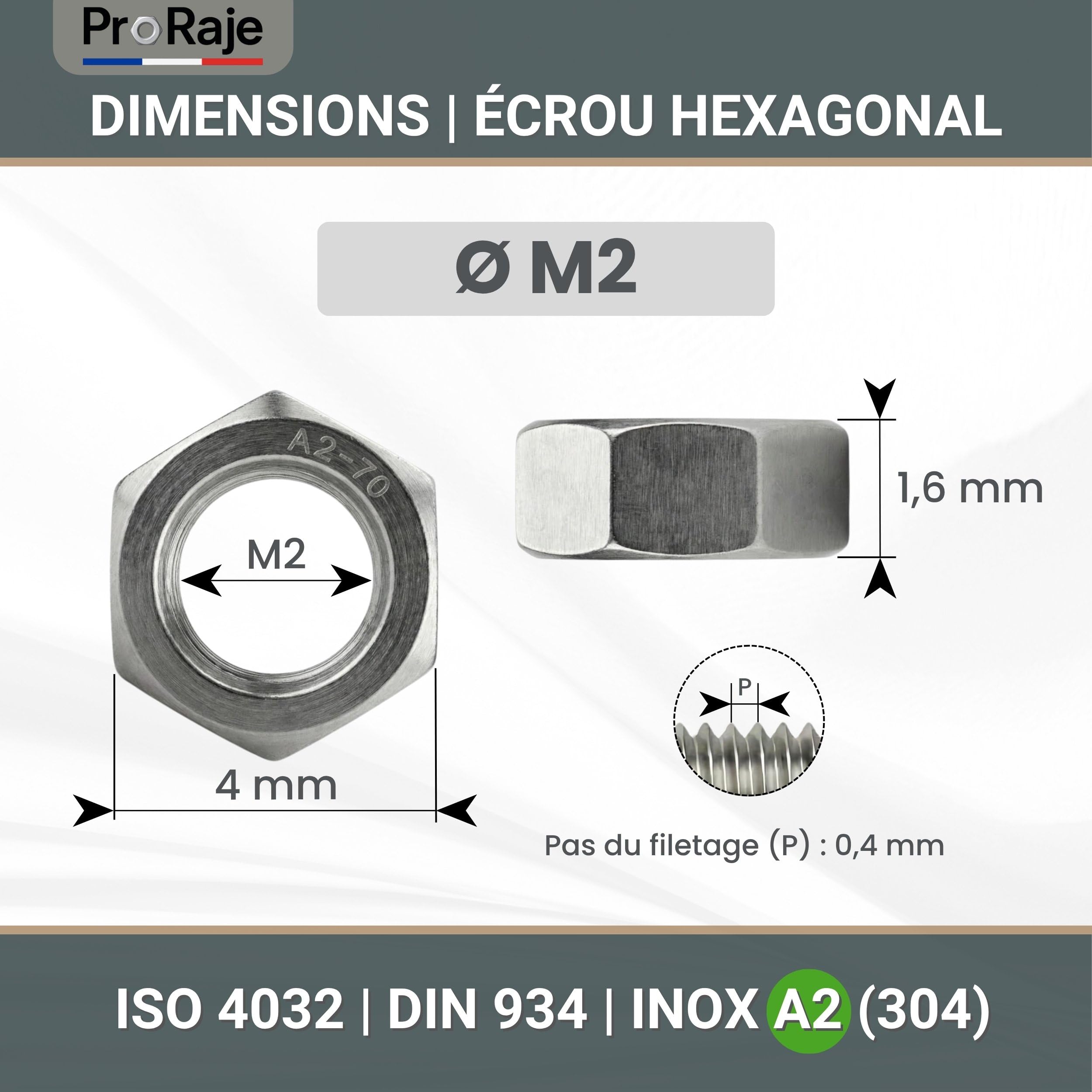 Dado in acciaio inox M2 esagonale HU in acciaio inox A2 | Dadi DIN 934/ISO 4032 | Viti in acciaio inox A2/70 (V2A/304): confezione da 100 pezzi - ProRaje
