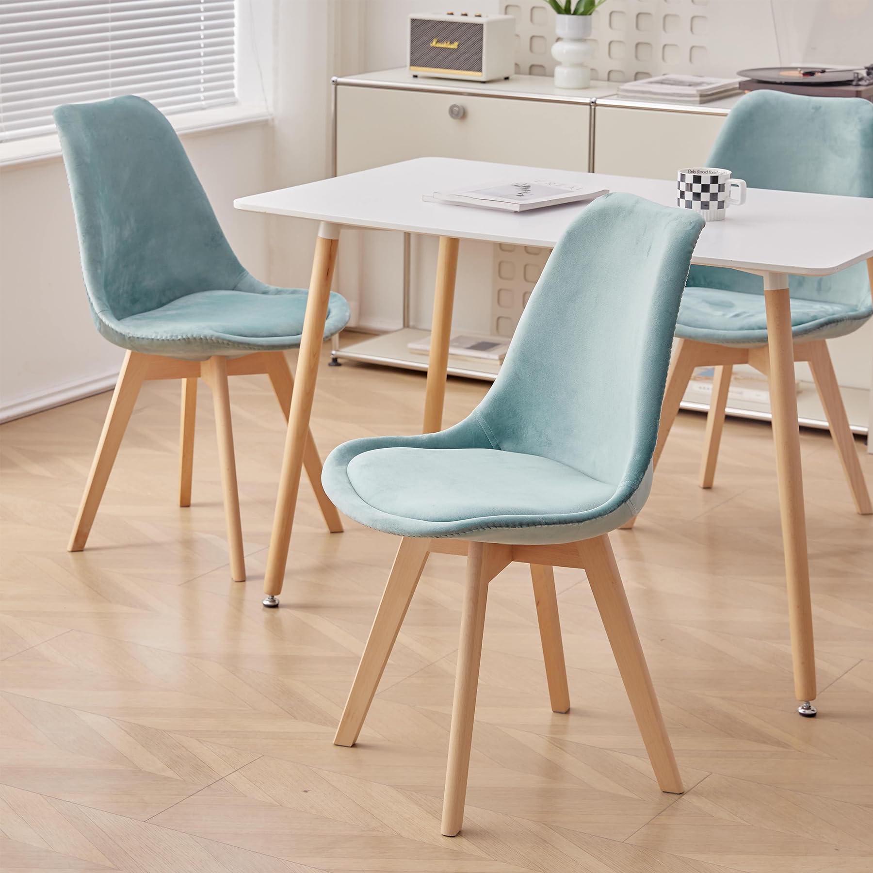 HJhomeheart Set di 4 Sedie da Pranzo in Tessuto Patchwork con Cuscino del Sedile e Gambe in Legno Massello per Sala da Pranzo, Soggiorno, Cucina, ecc. (Verde Patchwork)