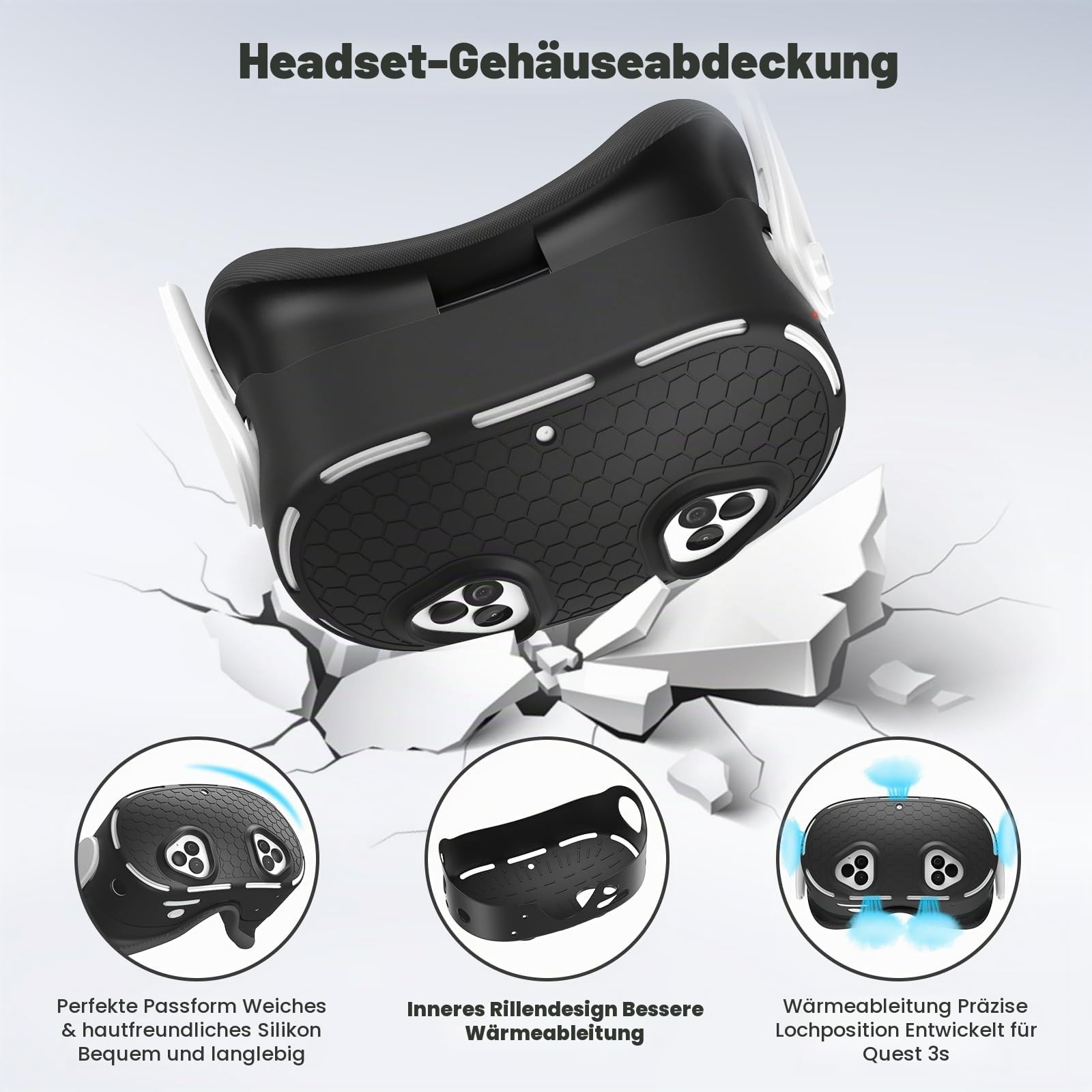 Silikon-Abdeckungs-Set für Meta Quest 3S, inklusive Silikon-Gesichtsabdeckung, Controller-Griffabdeckung, VR-Zubehör, Silikon-Schutzhüllen-Set für Quest 3S, Schwarz, Einfacher Stil