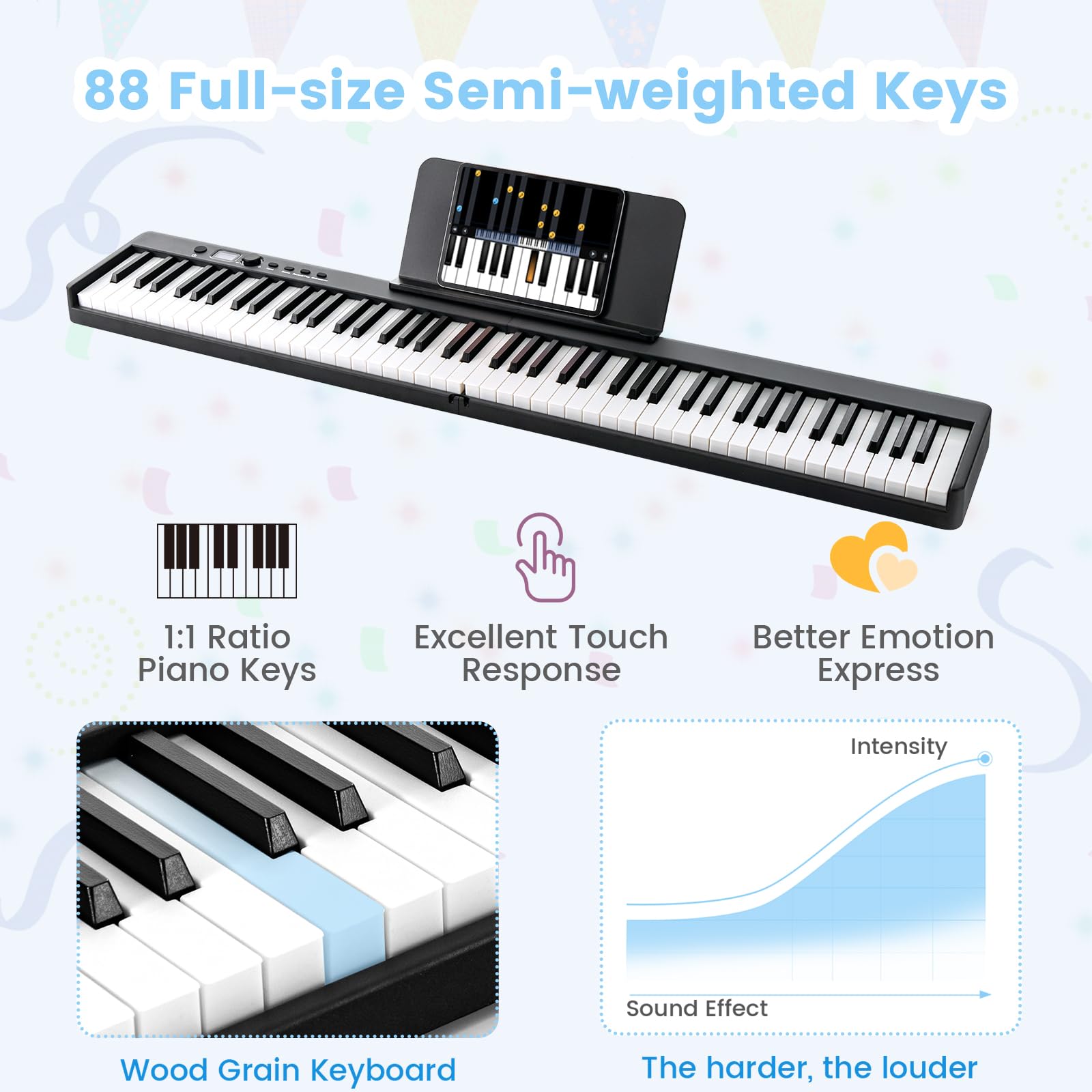 KOMFOTTEU Pianoforte Digitale 88 Tasti Pieghevole, Tastiera Elettronica Multifunzionale con Pedale Sustain per Principianti, Pianola Portatile con Borsa per Pianoforte (Nero)