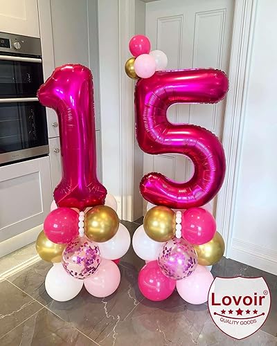 Miniatura 3 de Lovoir Globo rosa intenso de 40 pulgadas con el número 51 de 15 dígitos gigantes de papel de aluminio de Mylar para helio de 15 cumpleaños y 51