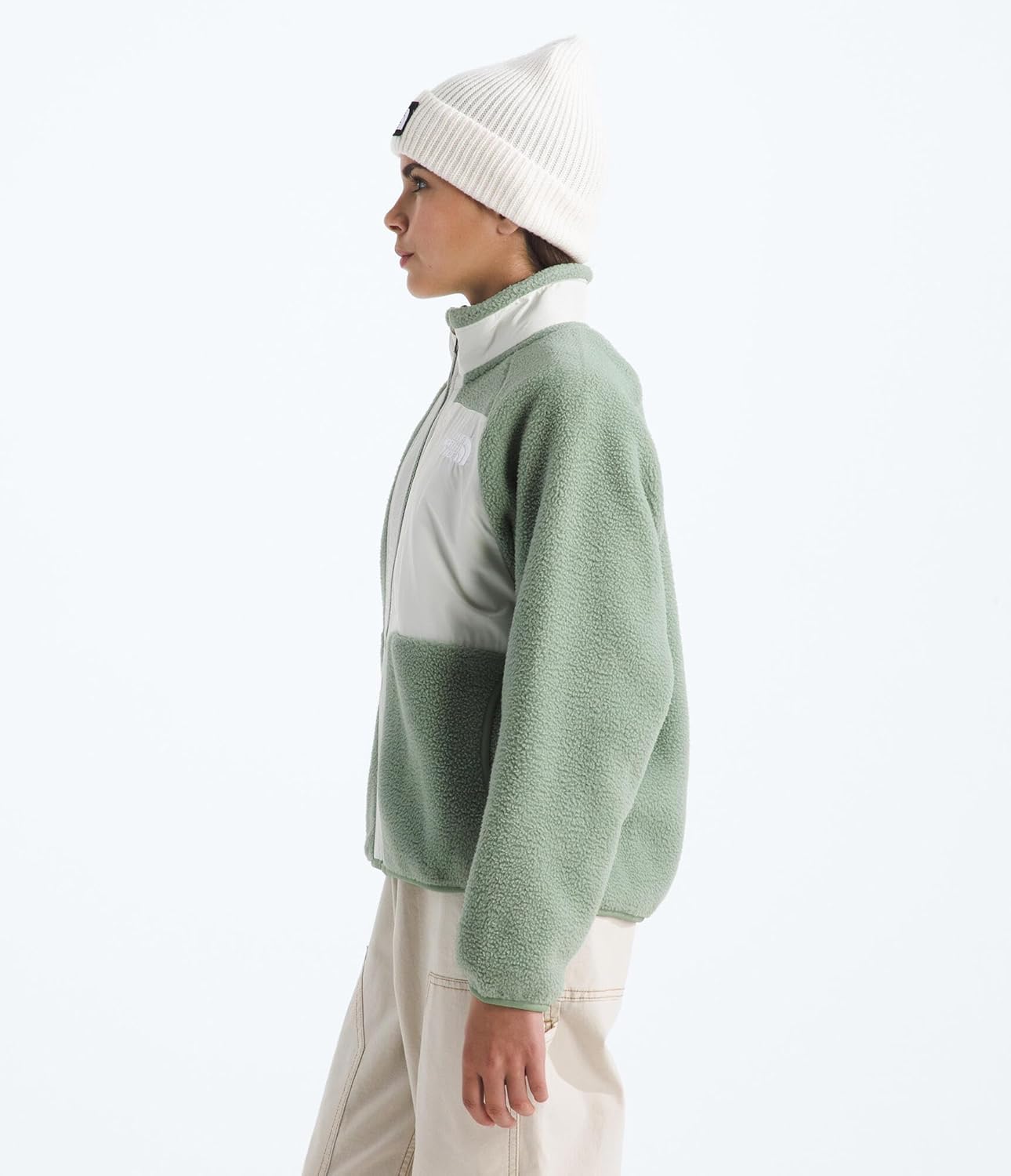 the north face girls' yumiori full zip jacket | lightweight fleece coat, embroidered logo & secure zip chest pocket medium slate moss/white dune