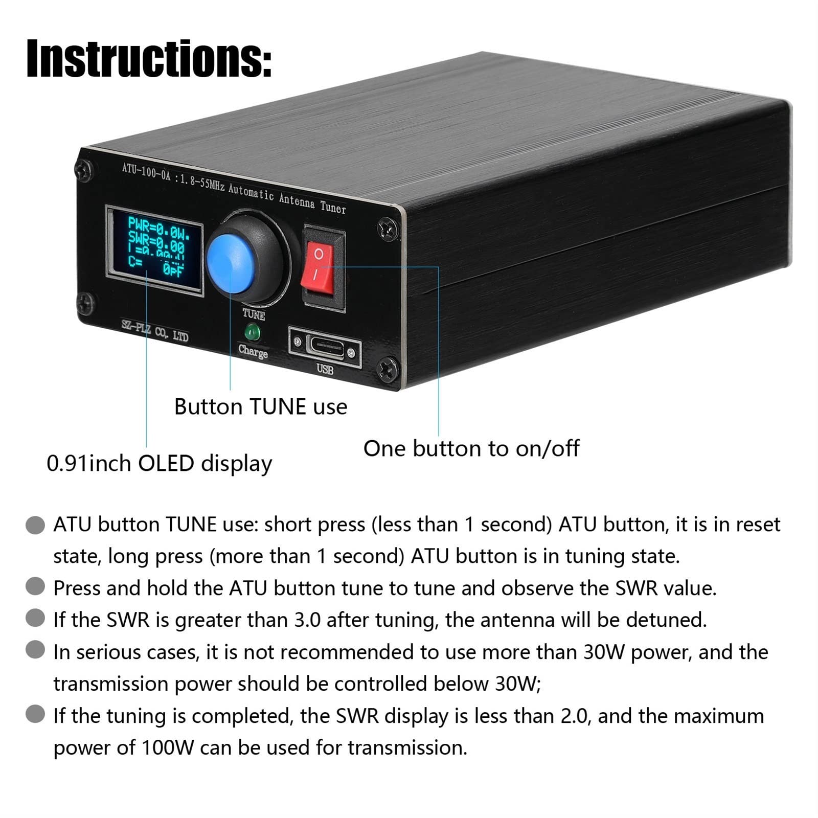Multimètre numérique intelligent rechargeable ATU-100-0A 1.8-55MHz Mini accordeur d'antenne automatique 0.91 pouces OLED affichage boîtier en alliage d'aluminium avec accordeur d'antenne de batterie 1