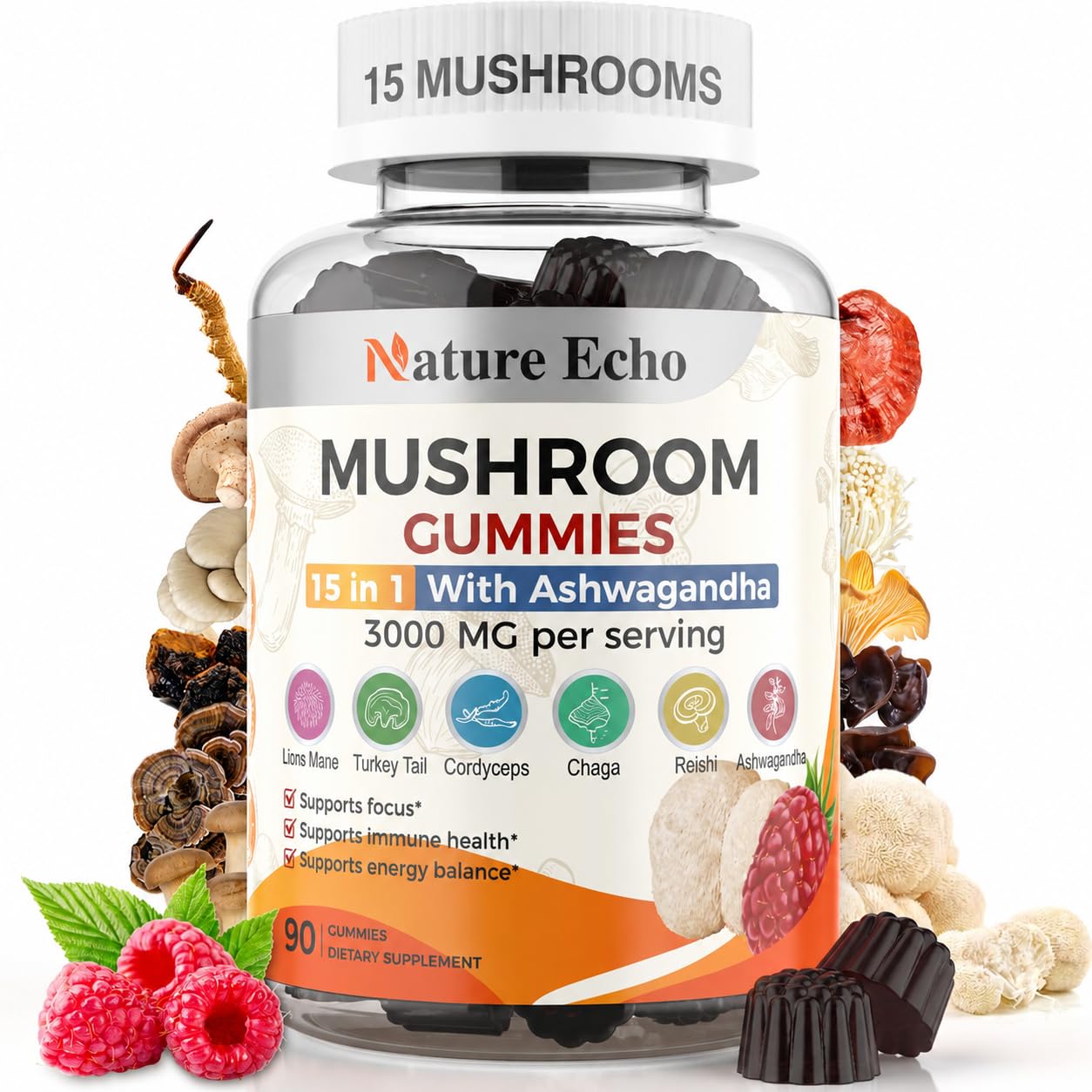 Nature Echo Suplemento de Gomas com Complexo de 15 Cogumelos e Ashwagandha 90 gomas