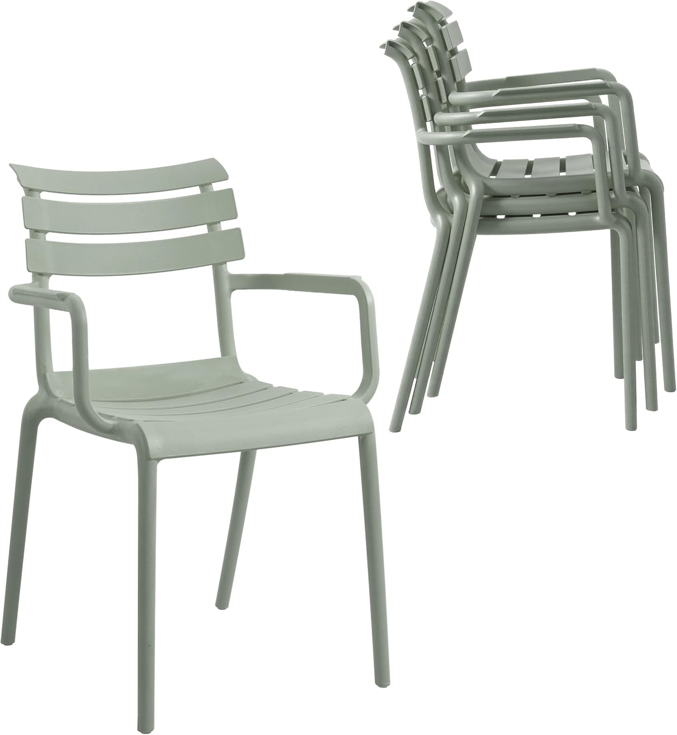 Outdoor/Indoor Dining Chairs Set of 4, Weather Resistant Stackable Plastic Patio Chairs with Armrest for Kitchen Balcony Bistro Backyard Garden Poolside, No Assembly, Green